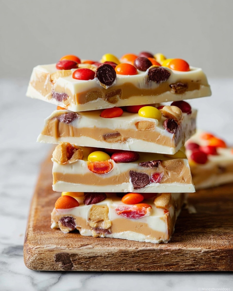 The image shows a stack of four pieces of colorful bark candy on a rustic wooden board with a white marbled surface beneath it. Each piece has three clear layers: a thick bottom layer of smooth white chocolate, a middle creamy layer of peanut butter-like texture in light brown, and a top white chocolate layer sprinkled with small candy-coated chocolate pieces in red, orange, yellow, and brown, some whole and some halved showing their chocolate centers. The pieces are layered slightly unevenly, showing the thickness and color contrasts, with more candy pieces on top and around the stack. Photo taken with an iphone --ar 4:5 --v 7