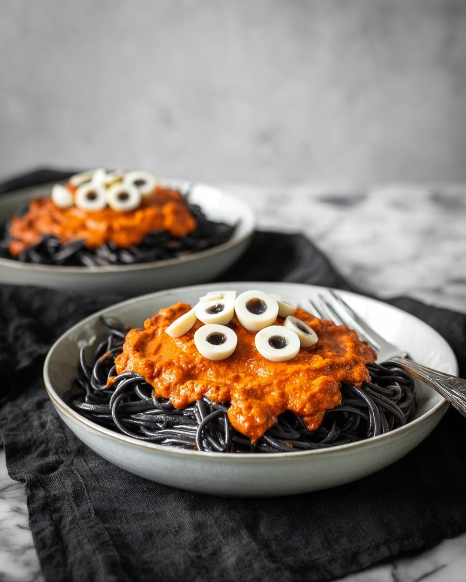 The dish shows two white bowls filled with a bed of black pasta at the bottom, creating the first dark layer with a smooth, slightly shiny texture. On top, there is a thick orange-red sauce with a chunky texture, spread evenly across the pasta. The sauce is decorated with six small white rounds placed in two rows on each bowl. Each white round has a dark olive slice in the center, making a contrast with the orange sauce. Next to the front bowl, a silver fork rests inside. The bowls are placed on a dark cloth over a white marbled surface, with a blurred light grey wall in the background. Photo taken with an iphone --ar 4:5 --v 7