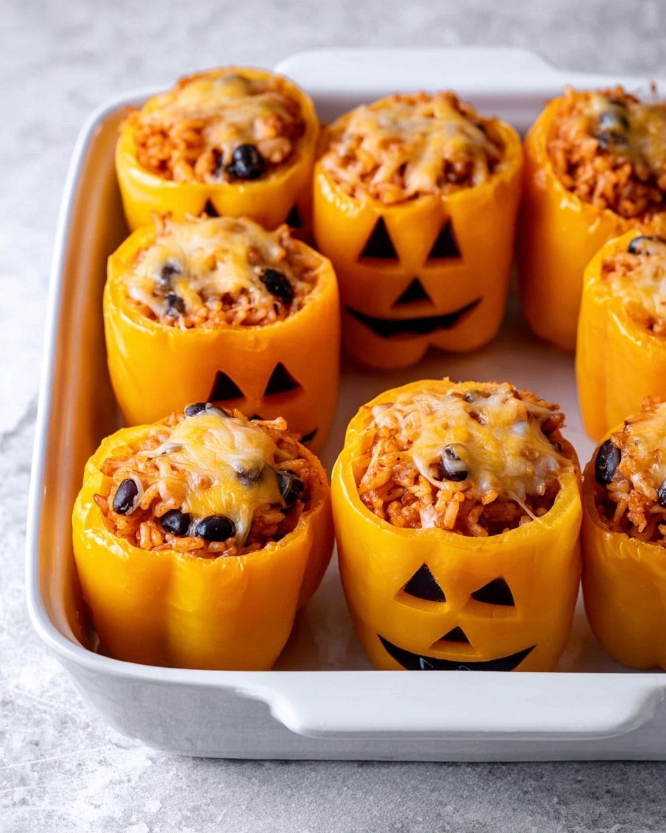 This image shows six stuffed yellow bell peppers arranged closely in a white baking dish on a white marbled surface. Each pepper has its top cut off and carved with small triangle and circle shapes to look like Jack-o'-lantern faces. The peppers are filled with a textured mixture of rice, black beans, and other small ingredients, topped with melted, slightly browned cheese covering the filling. The bright yellow peppers have a smooth, shiny skin, and the melted cheese adds a creamy contrast on top. The overall scene is warm and inviting. photo taken with an iphone --ar 4:5 --v 7
