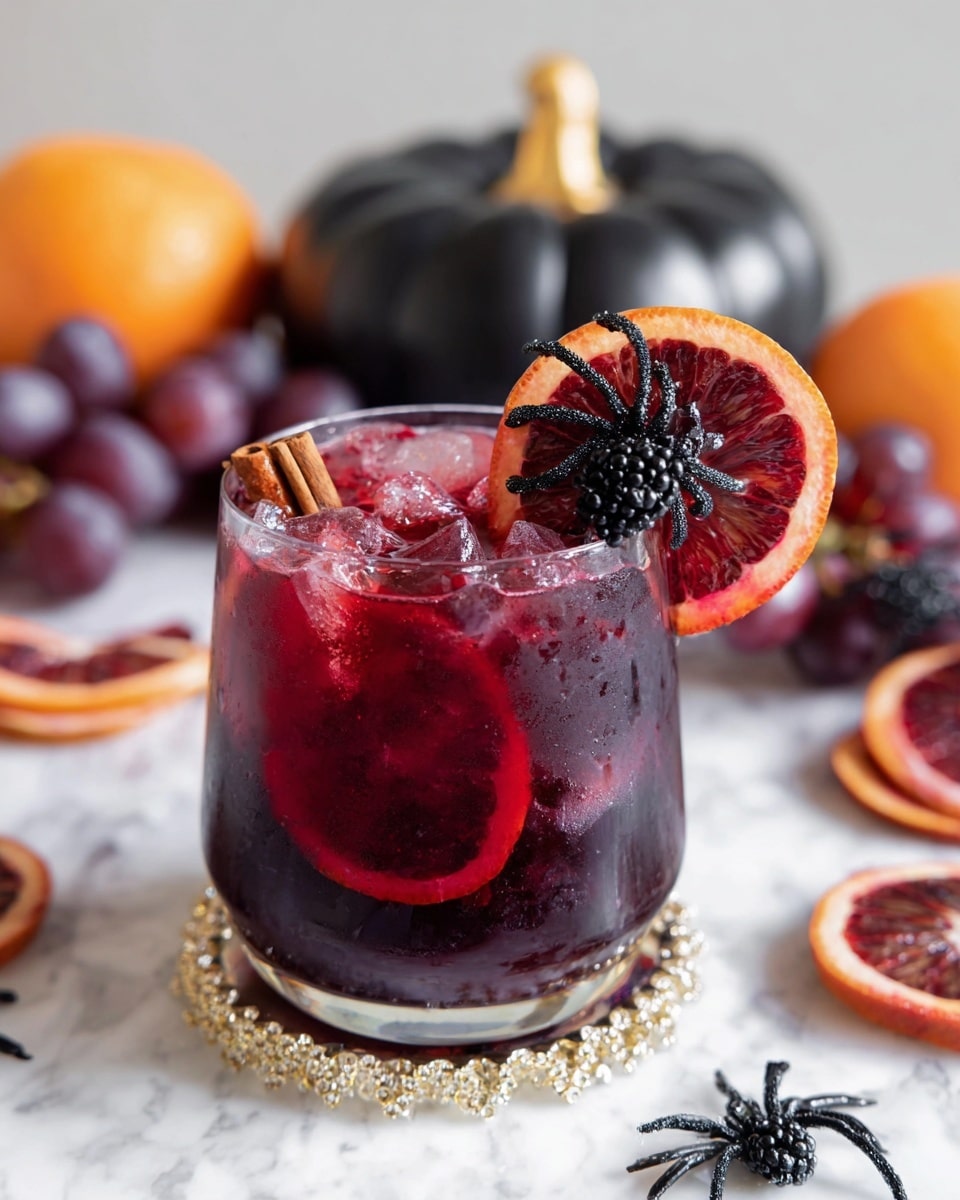 A clear glass filled with dark red liquid and small ice cubes almost overflowing from the top; inside the glass, a slice of blood orange is pressed against the side showing orange and deep red colors, while on top, another blood orange slice decorated with a black plastic spider and a cinnamon stick is placed upright next to a cluster of blackberries. The glass sits on a shiny gold and white jeweled coaster, all set on a white marbled surface with scattered dark grapes, more blood orange slices, another black plastic spider, and a small black pumpkin with a gold stem in the background. Photo taken with an iphone --ar 4:5 --v 7