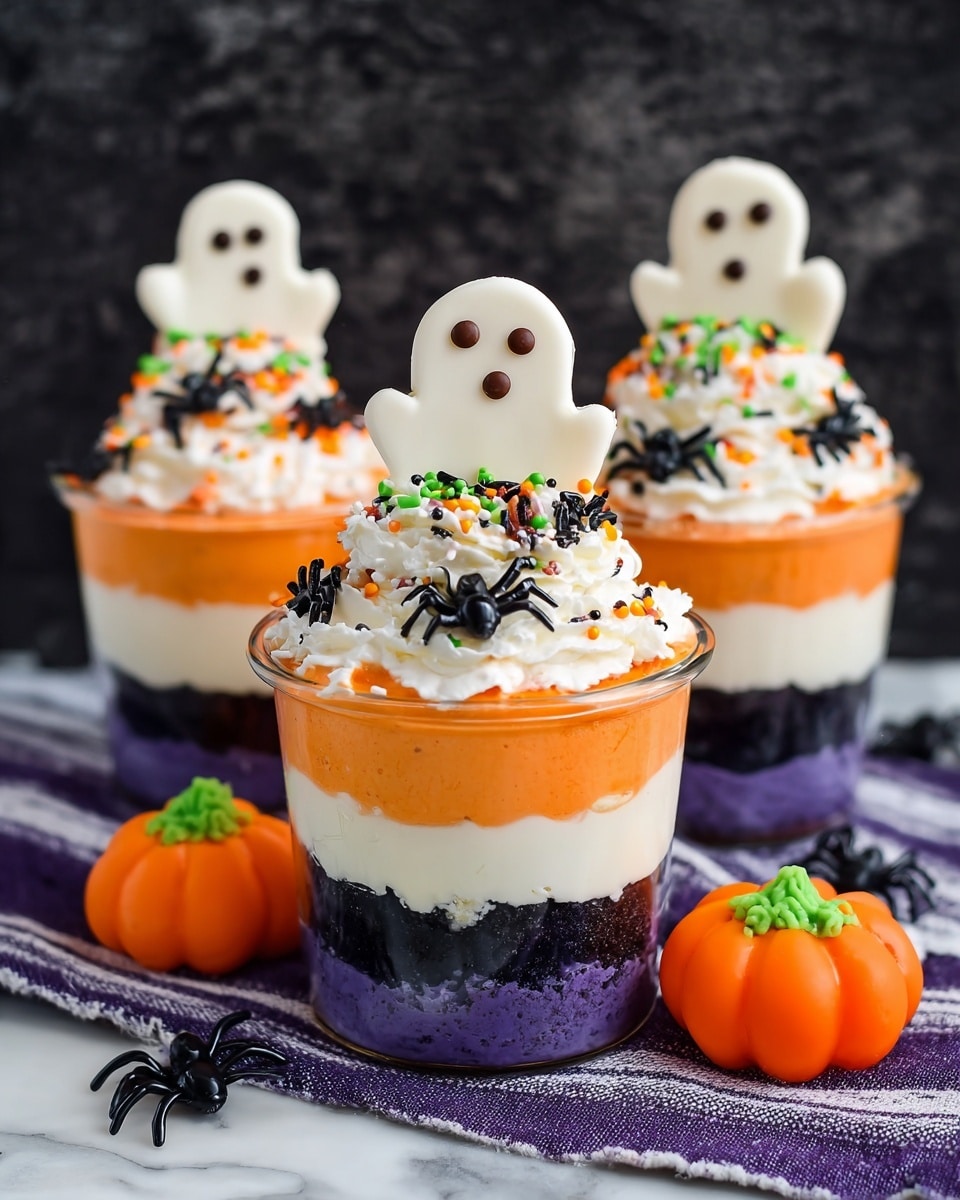 Three layered dessert cups sit on a white marbled surface with black, white, and purple cloths beneath them. Each cup has four layers: a dark purple crumb base at the bottom, a thick white cream layer above it, followed by another dark purple layer, and topped with bright orange cream. On top of the orange cream is a swirl of white whipped cream sprinkled with black and orange sprinkles, tiny green leaf decorations, and candy shaped like little black spiders. Each cup is finished with a white ghost-shaped cookie with brown dot eyes and mouth standing vertically in the whipped cream, and a small orange pumpkin candy with a green stem placed beside the ghost. The background is a dark textured surface. photo taken with an iphone --ar 4:5 --v 7