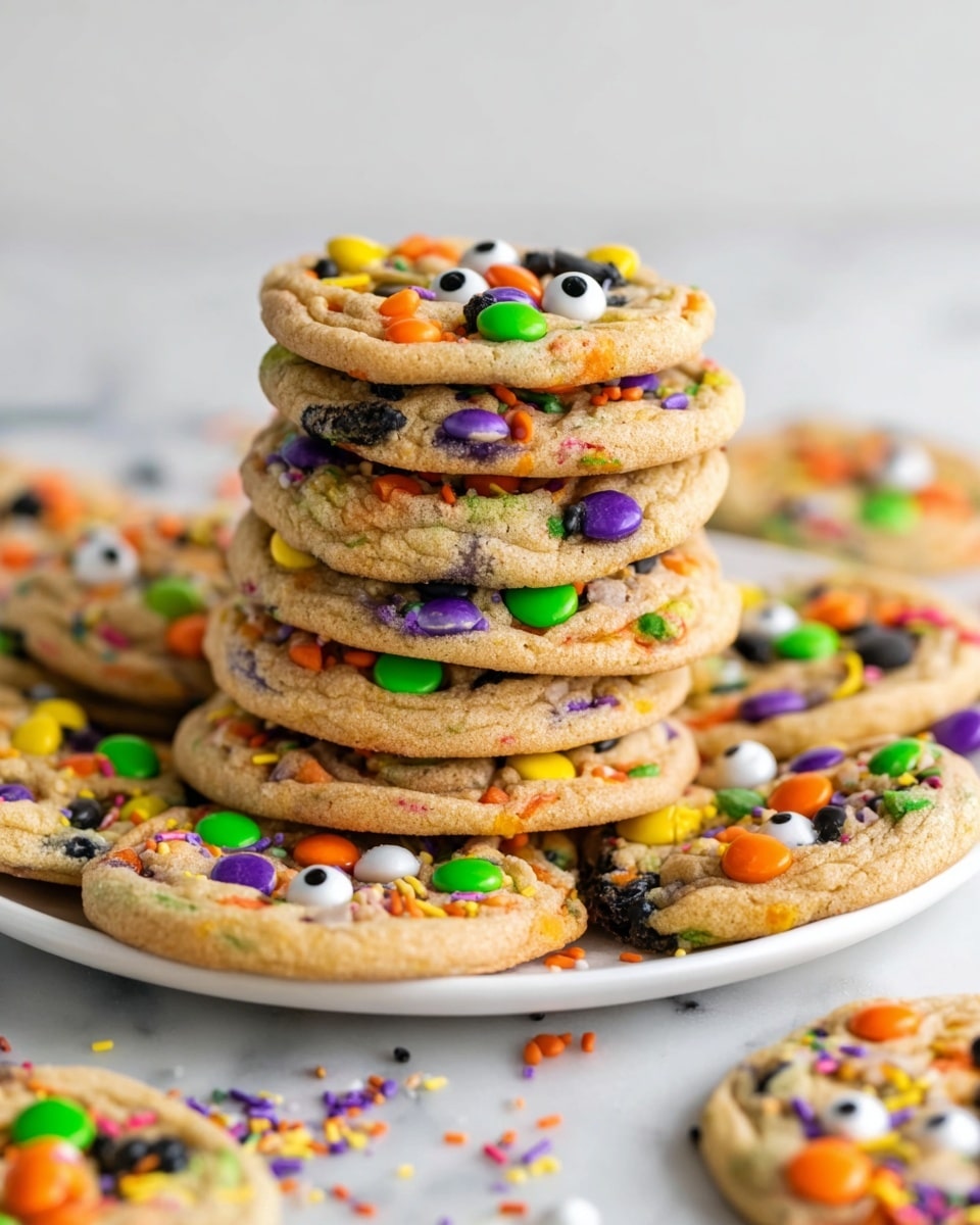 A tall stack of soft cookies sits in the middle of a white plate on a white marbled surface, each cookie covered with colorful candy pieces and sprinkles. The cookies are light brown with a slightly chewy texture, decorated with bright orange, green, purple, yellow, black, and white sprinkles, including small candy eyeballs that add a playful look. The stack has about ten cookies, with more cookies scattered around the base, showing their flat, round shapes and colorful toppings clearly. Some sprinkles and candy pieces lie loosely on the white marbled surface near the plate. Photo taken with an iphone --ar 4:5 --v 7