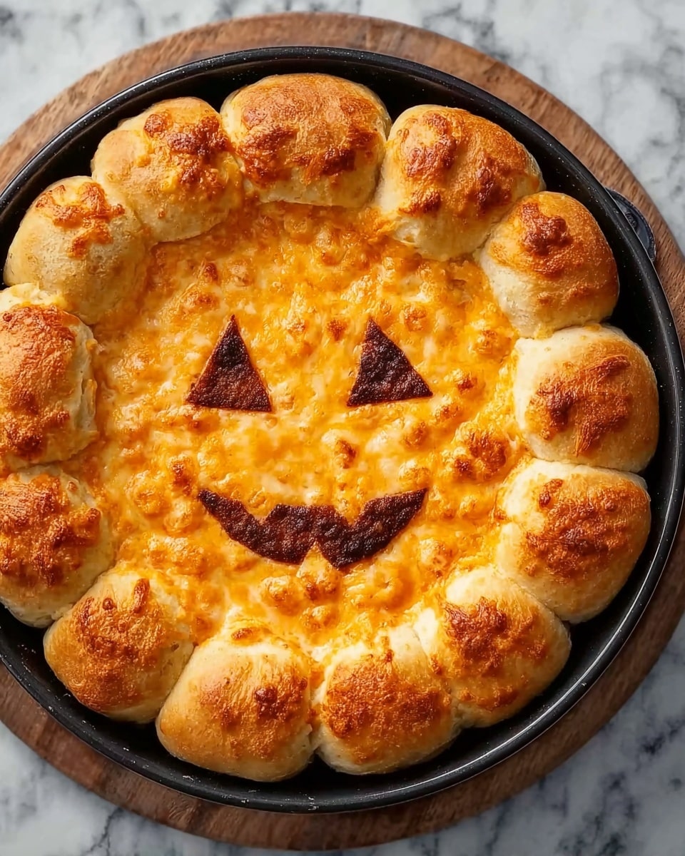 This dish is a round baked item in a black pan placed on a wooden board over a white marbled surface. It has a golden-orange cheesy layer spread evenly in the center, which is thick and melted. Around the edge, there are 15 golden-brown baked dough rolls, puffed up and slightly browned on top. On top of the cheese layer, there are three triangular brown pieces arranged as eyes and nose, with a curved toothy smile shape made of the same brown dough, creating a jack-o'-lantern face. The colors are warm golden yellows, orange, and light browns, showing a soft and fluffy texture in the bread and a smooth cheesy center. Photo taken with an iphone --ar 4:5 --v 7