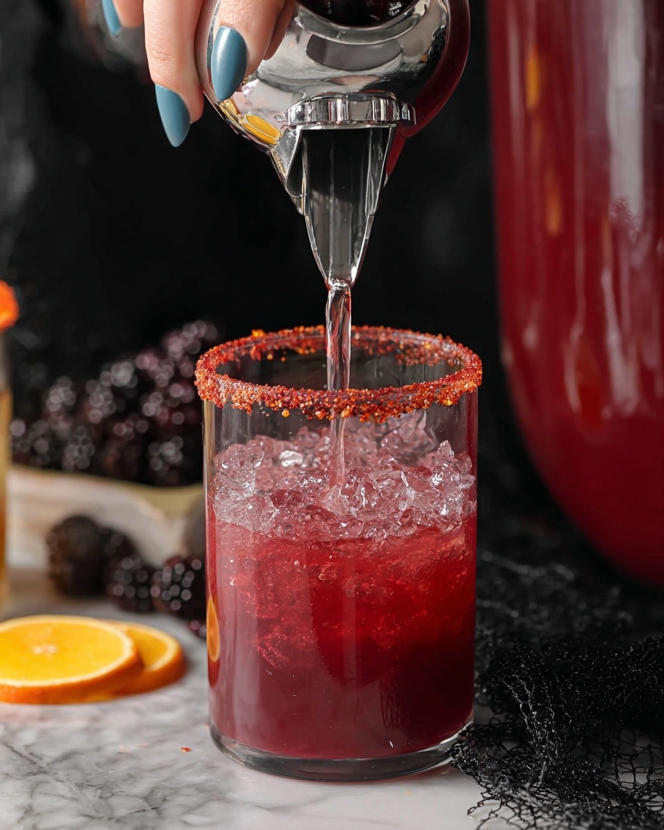 The image shows a clear glass filled with a red drink and crushed ice, being filled from a shiny silver spout attached to a large deep red container. The glass has a rim coated with red seasoning, textured and coarse, adding visual contrast. The drink looks vibrant and refreshing with visible ice inside the glass. A woman's hand with blue nail polish is holding the spout handle, pouring the drink smoothly. The background features a black mesh cloth and some dark berries with an orange slice on a white marbled surface. Photo taken with an iphone --ar 4:5 --v 7