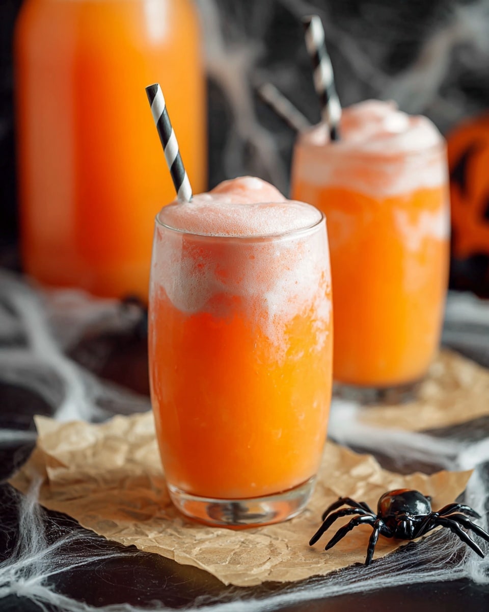 The image shows two clear glass cups filled with a bright orange drink layered with a thick light pink foam on top, giving a soft, creamy texture. Each cup has a black and white striped paper straw inserted through the foam near the center. The glasses sit on crumpled light brown parchment paper, which rests on a black surface with white web-like decoration and a small black toy spider adding a spooky touch in the foreground. The background is blurred with a dark setting and a large, softly focused orange bottle that contains the same bright orange liquid. photo taken with an iphone --ar 4:5 --v 7
