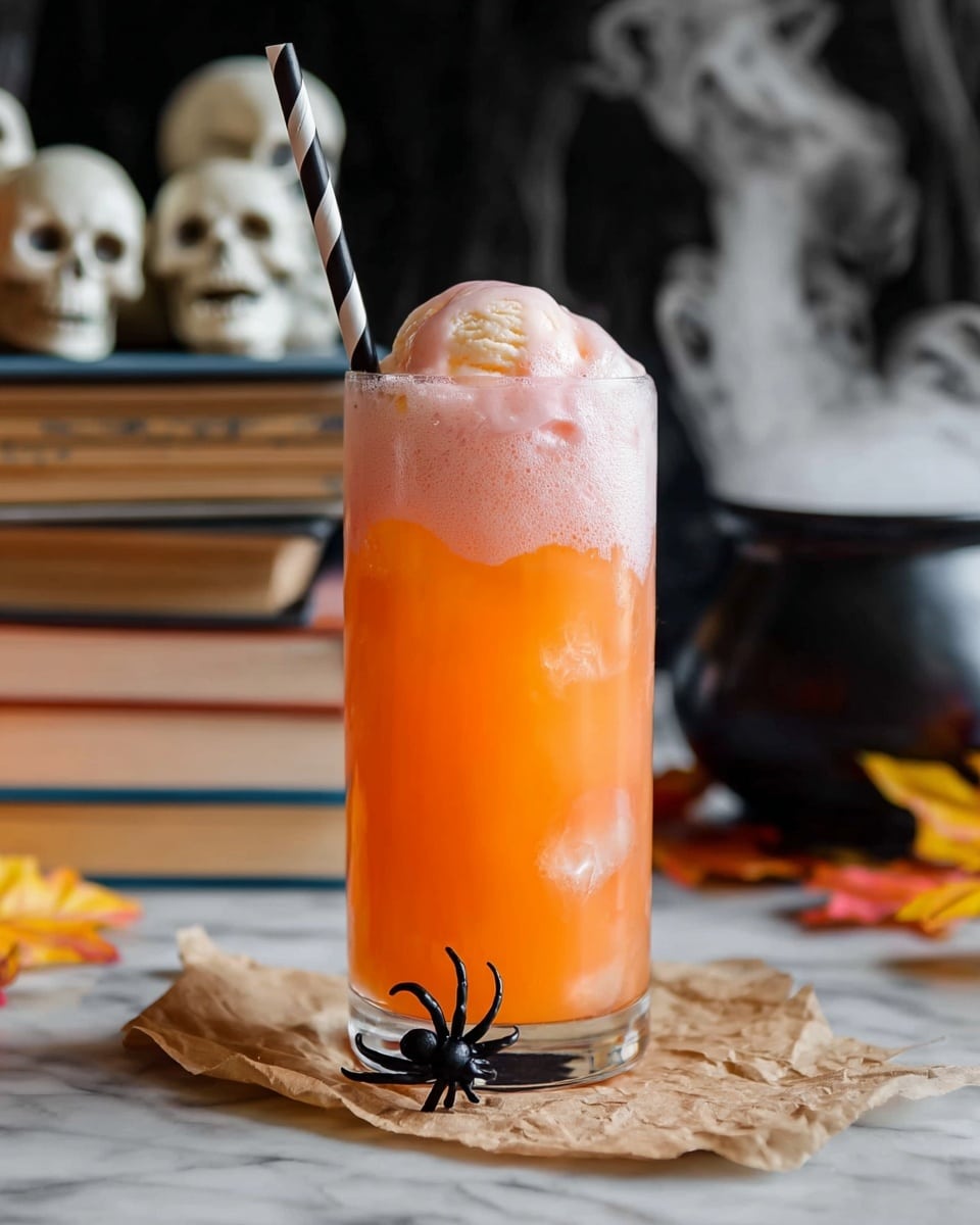The image shows a tall clear glass filled with bright orange drink, topped with a thick layer of pinkish-white foam and a scoop of pale ice cream on top. A black and white striped straw is tucked into the glass. A small black spider decoration sits at the base of the glass. The glass is placed on crumpled light brown parchment paper against a white marbled surface. The background has blurred white skulls, stacked books, a black pot with white cotton or smoke coming out, and some yellow-orange autumn leaves. photo taken with an iphone --ar 4:5 --v 7
