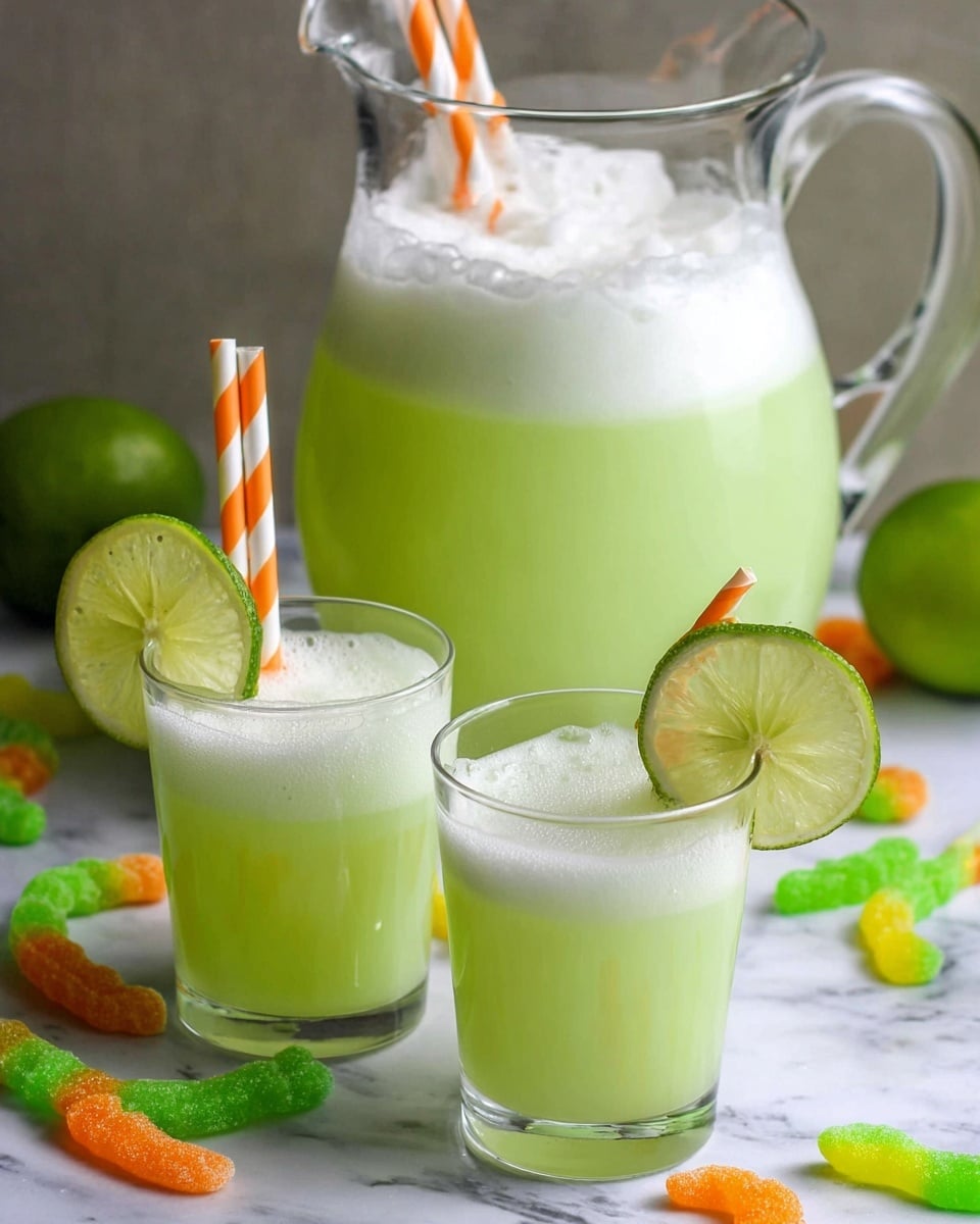A clear glass pitcher filled with light green juice topped with a frothy white layer, a transparent spoon is resting inside the pitcher. In front, there are two short clear glasses filled with the same pale green juice and white foam on top, each glass garnished with a round lime slice on the rim and a bright orange and white striped straw. A green and orange gummy worm is placed around the rim of both glasses. The glasses and pitcher are all placed on a white marbled surface that has scattered gummy worms and a green lime in the background. photo taken with an iphone --ar 4:5 --v 7