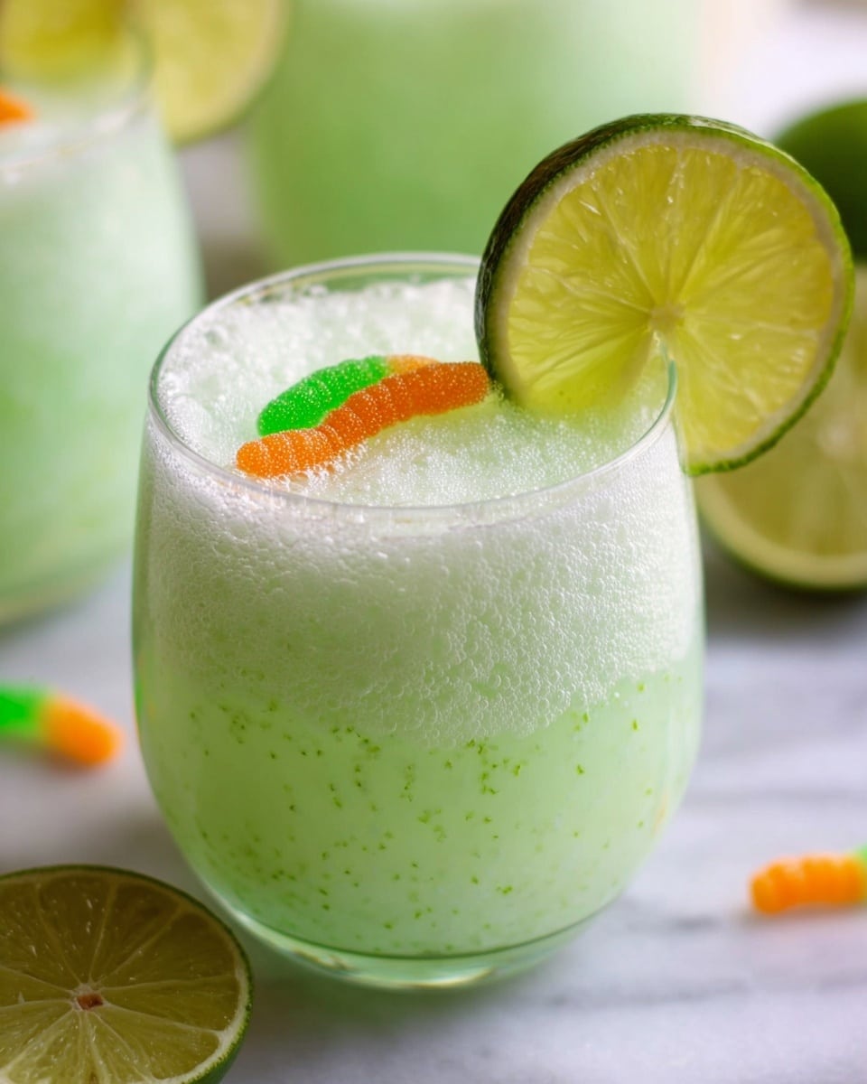 A clear glass is filled with a light green foamy drink that has tiny green specks mixed in. The top layer is a frothy foam covering most of the surface. Sitting on the rim is a bright green lime slice with a smooth texture, next to a small colorful gummy worm that is half orange and half green. The background is softly blurred, showing more glasses with the same drink, all placed on a white marbled surface. photo taken with an iphone --ar 4:5 --v 7