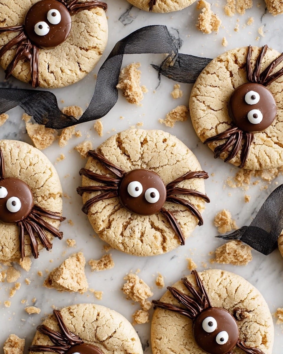 The image shows round peanut butter cookies with a cracked, light golden surface, each topped with a chocolate peanut butter cup placed in the center. Each peanut butter cup has two small white candy eyes with black pupils, giving a cute spider-like look. Thin dark chocolate lines are drizzled over the cookies, forming legs extending from the chocolate cup. The cookies are arranged on a white marbled surface scattered with crumbs and broken pieces of peanut butter cups around. A woman's hand holding a black utensil is seen in the background near one cookie. The photo taken with an iphone --ar 4:5 --v 7