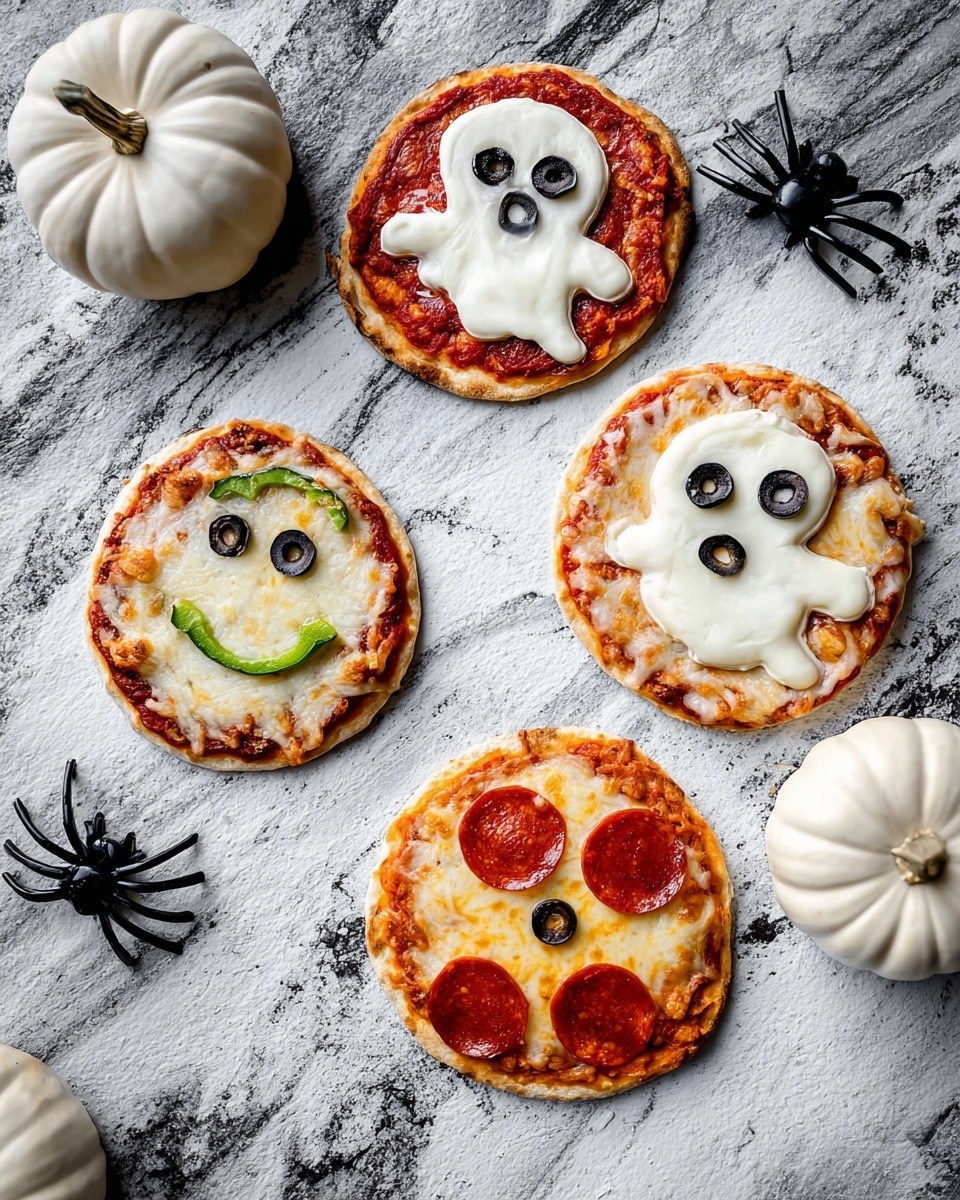 A small round pizza with three white ghost shapes made from melted cheese on top, each ghost having small black eyes and mouths made from olives or similar ingredients. The base layer is a pizza crust with a red tomato sauce spread evenly underneath the cheese ghosts. The pizza is placed on a grey wooden surface with small plastic black spiders around it, and parts of other similar pizzas can be seen nearby. photo taken with an iphone --ar 4:5 --v 7