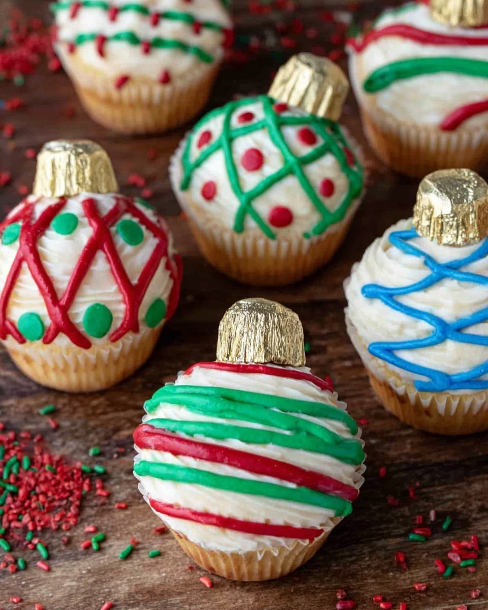 The image shows five cupcakes decorated to look like Christmas ornaments. Each cupcake has a white frosting base that covers the top layer completely. At the top edge of each cupcake, there is a small gold foil piece resembling the ornament hook with a shiny texture. One cupcake is decorated with green icing forming a star shape and red dots on the white frosting. Another cupcake has blue icing forming a diagonal stripe with red dots laid over it. The third cupcake features alternating red and green horizontal stripes made with thin lines of icing. All cupcakes are placed in green liners, and they sit on a dark wooden surface. photo taken with an iphone --ar 4:5 --v 7