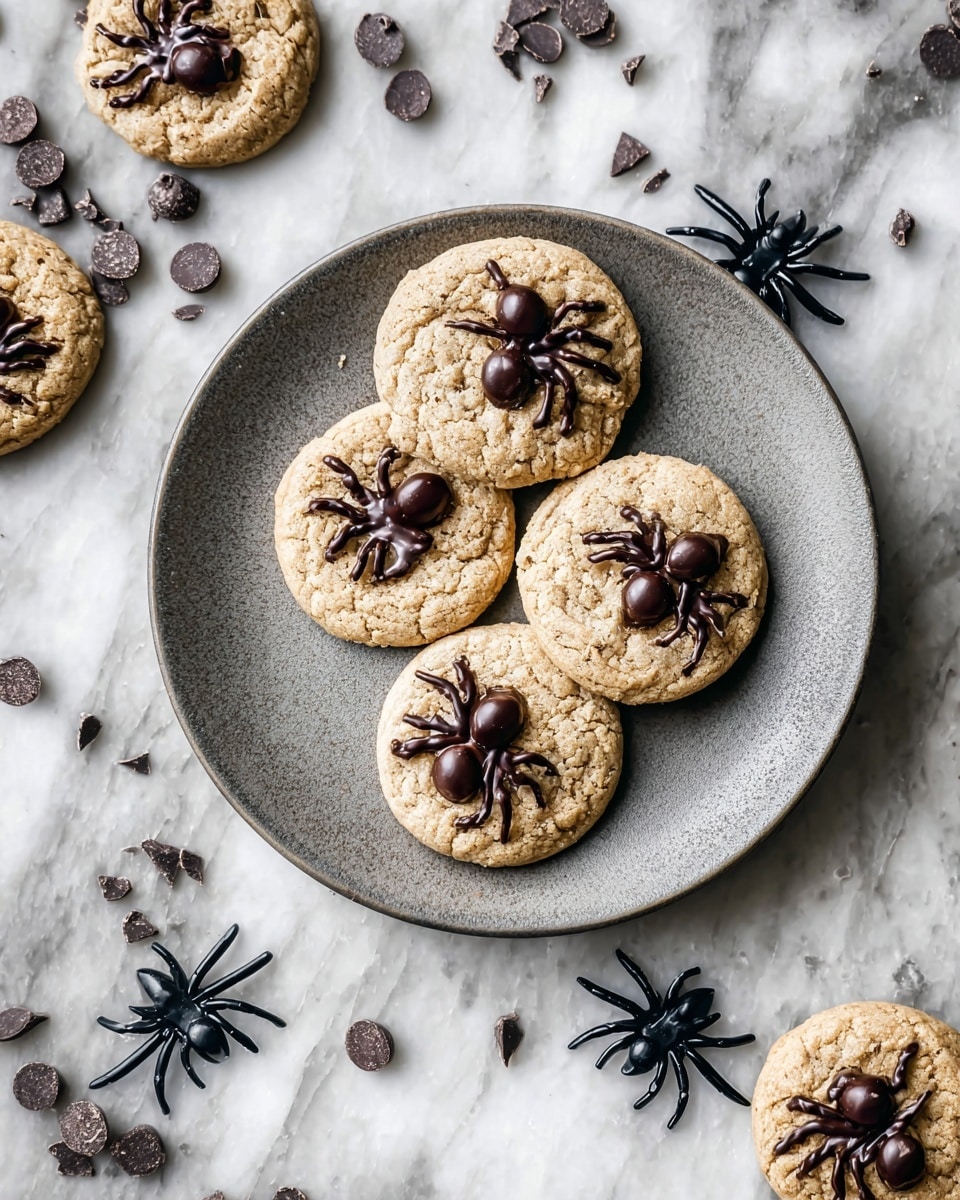 Three light brown cookies with a soft texture are on a white plate. Each cookie has three small spiders made of dark chocolate on top, with round chocolate bodies and thin chocolate legs. The plate is on a white marbled surface, and there are two small black plastic spiders near the cookies. Photo taken with an iphone --ar 4:5 --v 7