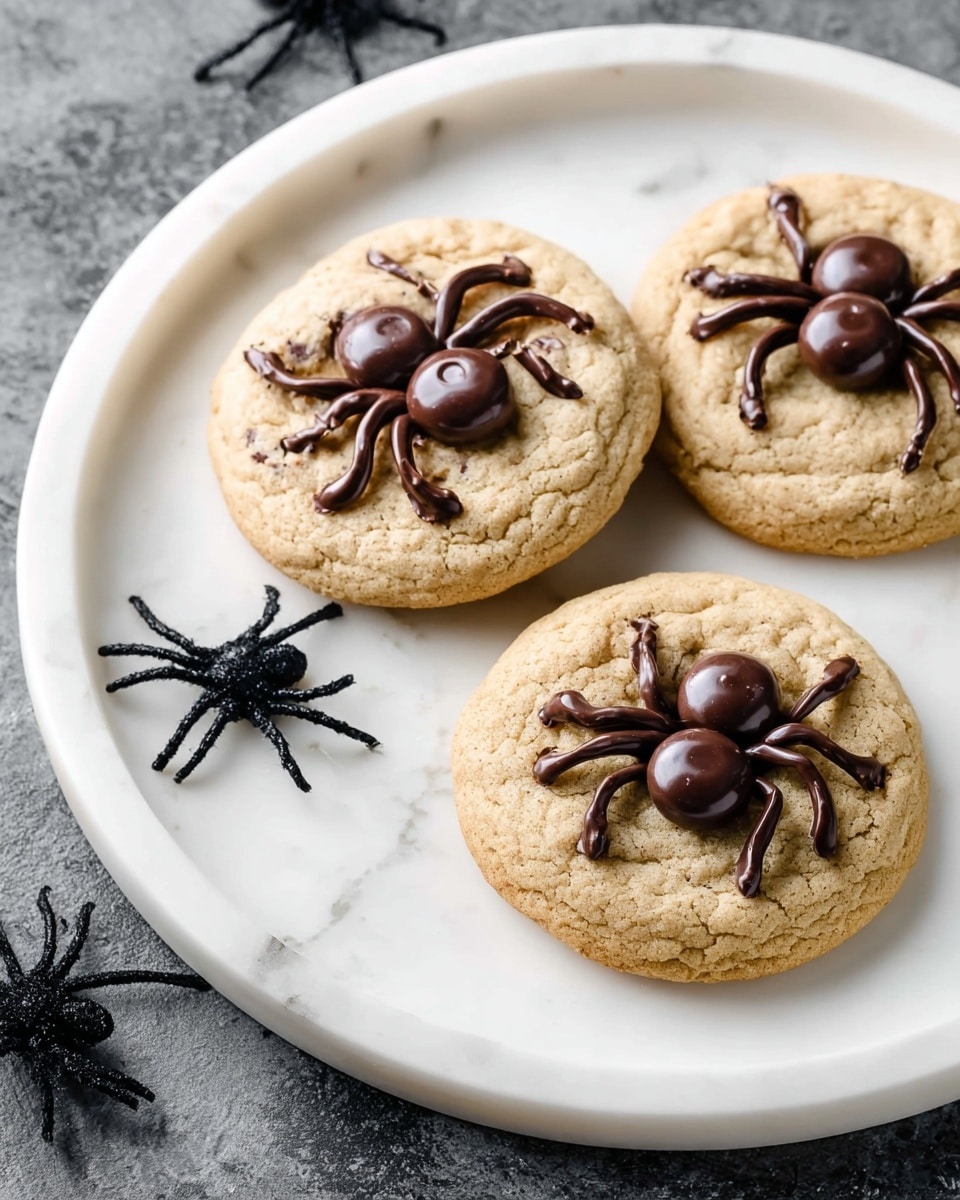 Three round cookies with light brown color and a rough texture are placed on a white plate. Each cookie has small dark chocolate spiders on top, made with a round chocolate center and curved lines for legs. The plate is on a white marbled surface, and there are small black plastic spiders around the plate for decoration. photo taken with an iphone --ar 4:5 --v 7