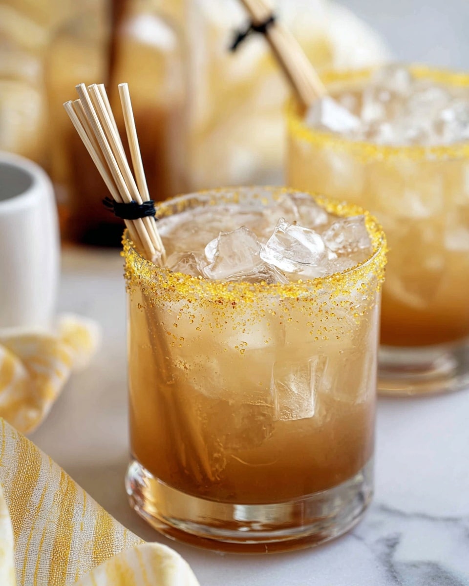 A clear glass filled with a light brown drink with ice cubes inside, its rim coated with coarse yellow sugar. Two small natural brown straw stirrers, tied with black string, lean inside the glass. In the background, a second similar glass filled with the same drink and ice cubes is slightly out of focus. The scene is set on a white marbled surface with a white cup partially visible on the left side, and a soft yellow-striped cloth nearby. Photo taken with an iphone --ar 4:5 --v 7