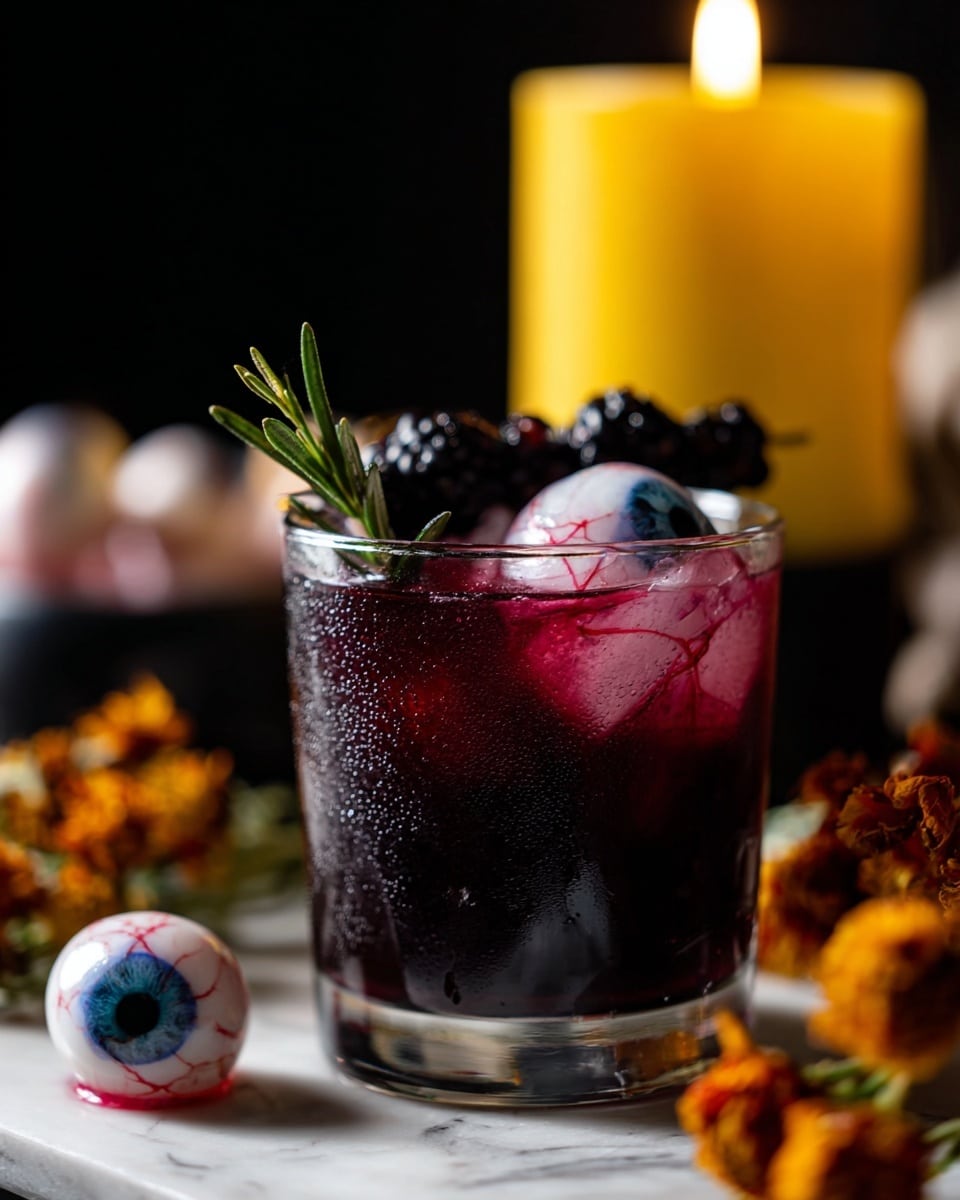 A short clear glass filled with a dark purple drink that looks cold with small beads of condensation on the outside. Inside the drink, there are two round white and blue eyeball-shaped ice cubes with red veins, one near the top and one near the middle. The glass is topped with small black berries and a green rosemary sprig. The glass sits on a white marbled surface with blurred dried orange flowers in the foreground and a large yellow candle glowing softly in the black background. There is also a detailed white and blue eyeball-shaped candy on the surface near the glass. photo taken with an iphone --ar 4:5 --v 7