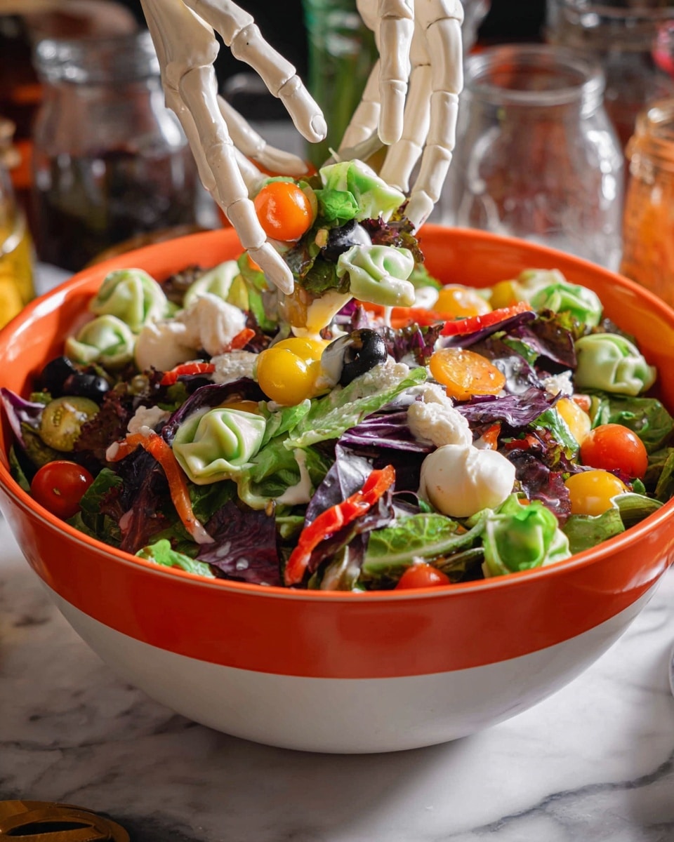 A round white bowl with an orange rim and white dots is filled with a colorful layered salad. The bottom layer is mixed green and purple leafy lettuce, topped with bright green and orange mini bell peppers, sliced black olives, red grape tomatoes, and thin rings of red chili peppers. Scattered on top are small white skull-shaped dollops of dressing. Two white plastic skeleton hands rest on the sides of the bowl as if holding it. The bowl sits on a black spider web patterned cloth with two glass bottles, one filled with green liquid and the other with orange liquid, placed near it on a white marbled surface. photo taken with an iphone --ar 4:5 --v 7