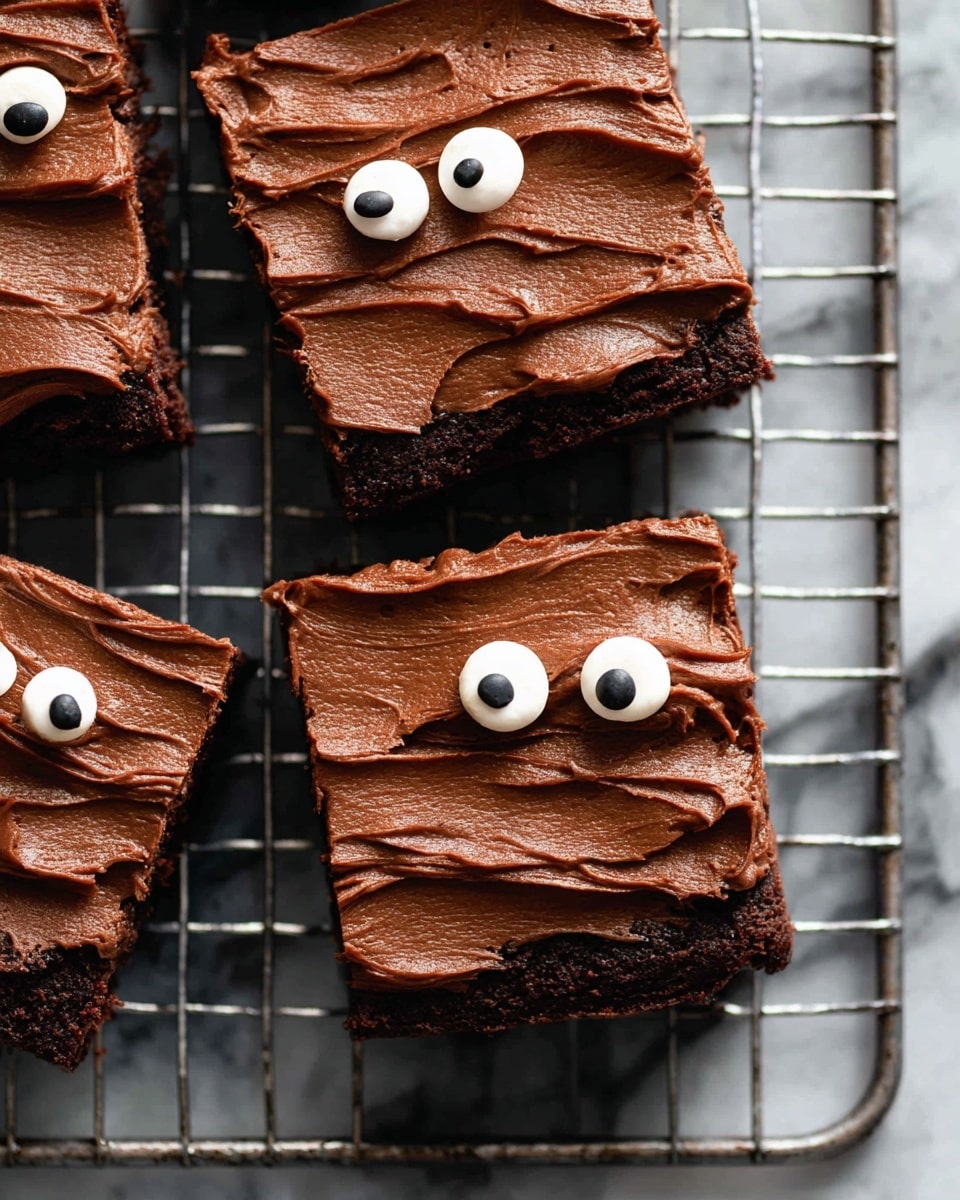 Four rectangular chocolate brownies are shown on a metal cooling rack over a white marbled surface. Each brownie has a thick top layer of creamy, rich, dark brown chocolate frosting spread unevenly with textured ridges and folds. Two brownies have two round white candy eyes with black centers placed on top, giving a playful look. The brownies have a dense, moist texture with a slightly cracked top under the frosting. photo taken with an iphone --ar 4:5 --v 7