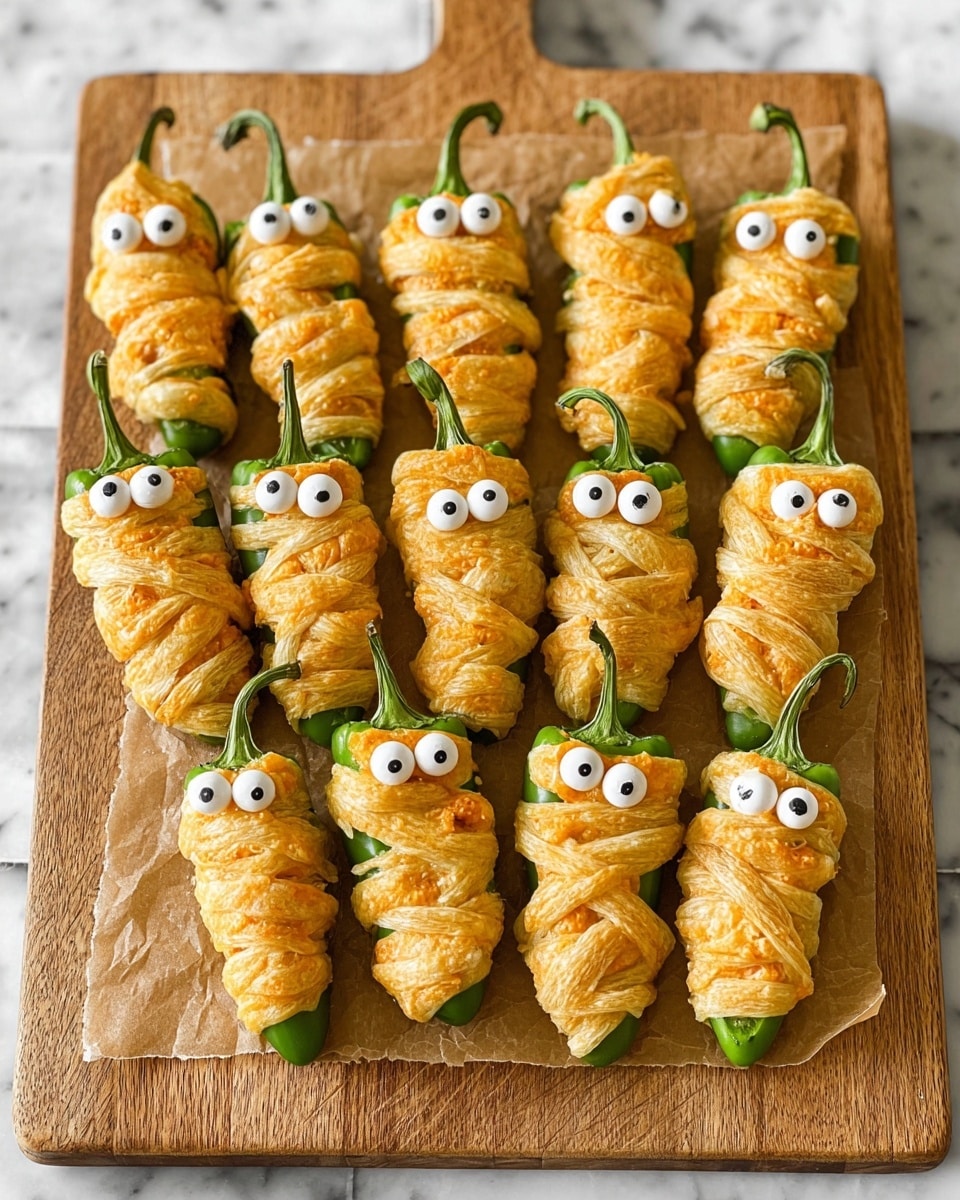 The image shows a wooden board with brown parchment paper holding 10 stuffed jalapeño peppers wrapped in golden-brown pastry strips, making them look like little mummies. Each jalapeño has two round candy eyes on top, giving them a playful, spooky appearance. The jalapeños are shiny green and visible under the overlapping light golden pastry layers. One piece is placed alone on a dark textured surface nearby, and a white skeleton woman’s hand is reaching toward the board from the bottom. Small white candy eyes and thin cheese strips are scattered around. The background is a white marbled texture. photo taken with an iphone --ar 4:5 --v 7