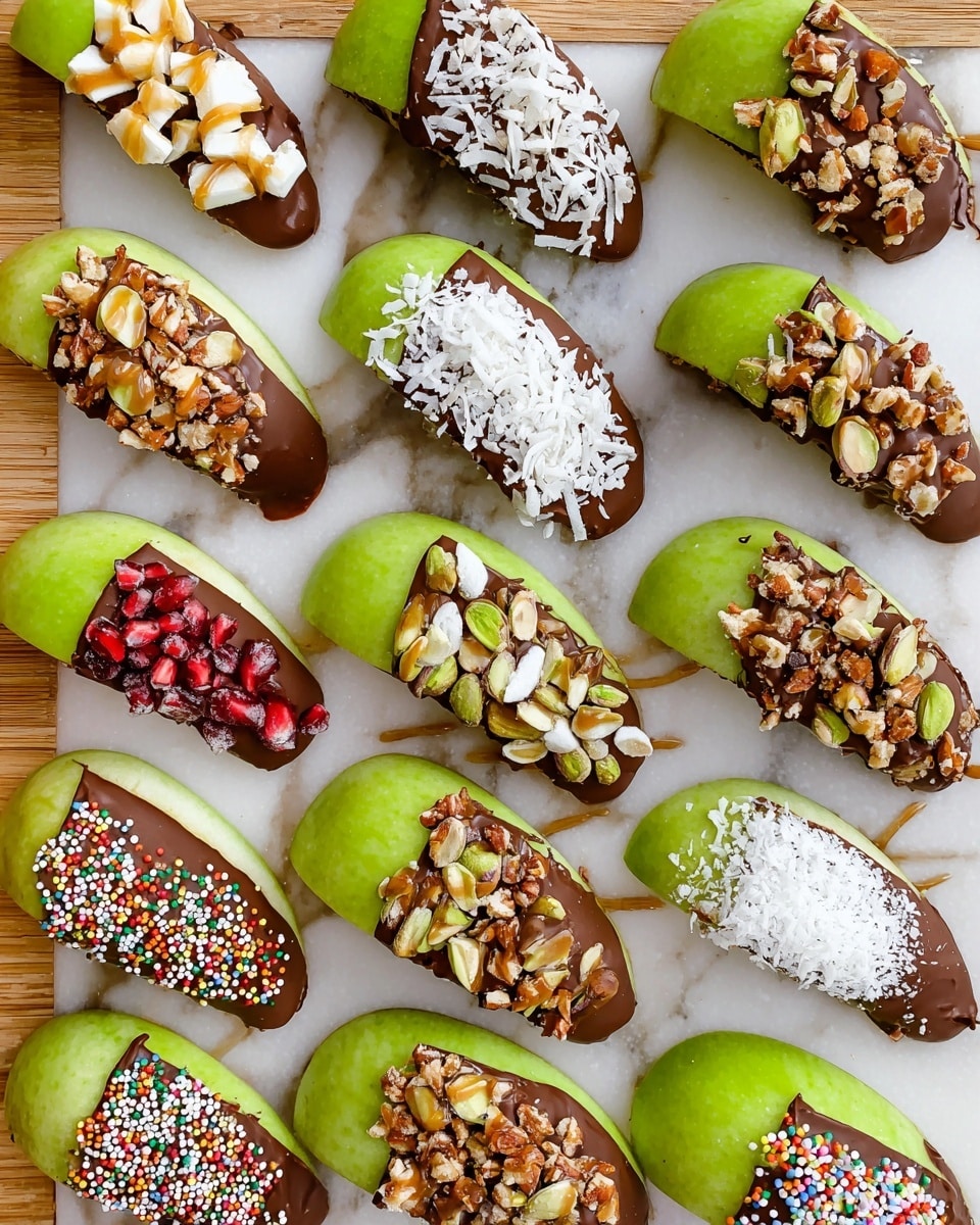 A close-up of a slice of green apple held by a woman's hand, topped with a thick dark chocolate layer, sprinkled with chopped nuts, and drizzled with light brown peanut butter in three thick stripes. The apple slice shows a fresh light green peel and pale juicy flesh. In the blurred background, there are more apple slices covered with dark chocolate, nuts, and some with red pieces, all placed on a white marbled surface. Photo taken with an iphone --ar 4:5 --v 7