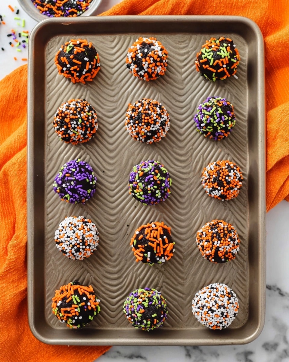 There are fifteen round chocolate balls placed evenly on a baking tray with a ridged surface. Each ball is covered in colorful sprinkles in different combinations: some have orange and black stick sprinkles, others have a mix of purple, green, and black sprinkles, and some have white, orange, and black round sprinkles. The tray is set on a white marbled texture with an orange cloth in the background. The chocolate balls are all roughly the same size and look smooth under the sprinkles photo taken with an iphone --ar 4:5 --v 7