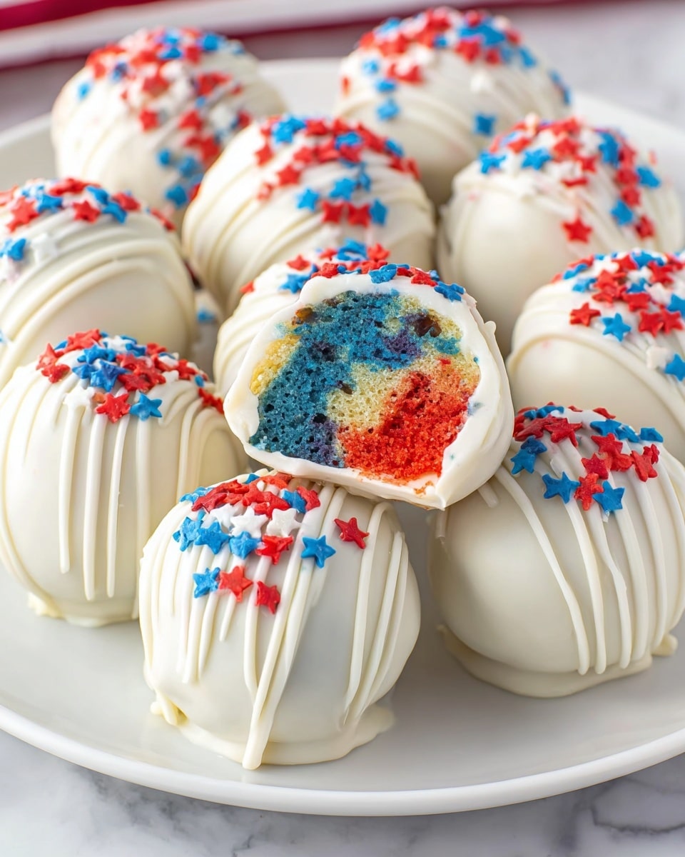 The image shows a white plate filled with round cake balls, each covered in smooth white coating and decorated with white drizzles on top. The balls are sprinkled with small star-shaped red, white, and blue sprinkles. One cake ball is cut in half, revealing a colorful interior with red, blue, and yellow cake layers inside. The plate sits on a white marbled surface, creating a clean and bright background. photo taken with an iphone --ar 4:5 --v 7
