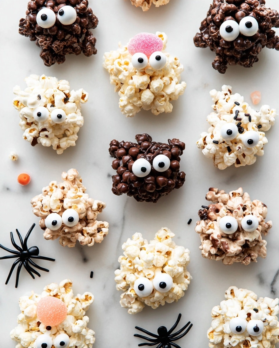A white rectangular plate on a wooden stand holds five popcorn clusters, each decorated to look like Halloween monsters. From left to right: the first cluster is covered in dark chocolate with a large white candy eye and a pink candy mouth with white teeth; the second cluster is plain white popcorn with orange, green, and black sprinkles and small black candy legs; the third cluster is white popcorn with two small white candy eyes with black dots; the fourth cluster is white popcorn with a small black spider decoration; and the fifth cluster is milk chocolate covered popcorn with a large white candy eye. The background features a white marbled texture with blurred black spider decorations visible around. photo taken with an iphone --ar 4:5 --v 7