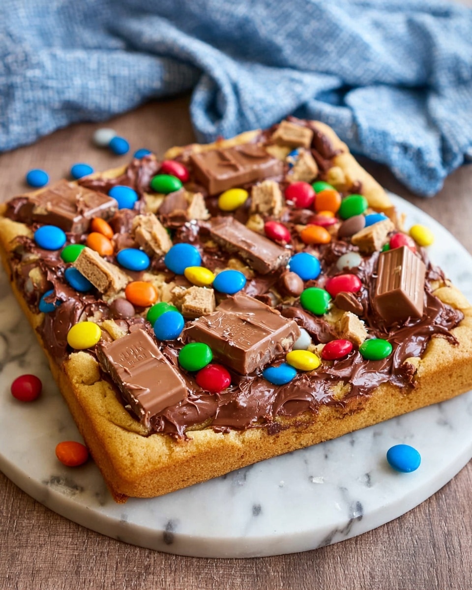 A thick, square cookie base with a golden brown color forms the bottom layer, surrounded by raised edges holding the toppings. On top, there is a shiny layer of melted milk chocolate spread unevenly across the surface. Scattered all over are colorful, small round candies in red, blue, green, yellow, and orange, mixed with medium-sized chunks of chocolate bars that have light beige filling inside. The dessert is placed directly on a white marbled surface, with a soft blue and white cloth casually placed in the background. Photo taken with an iphone --ar 4:5 --v 7