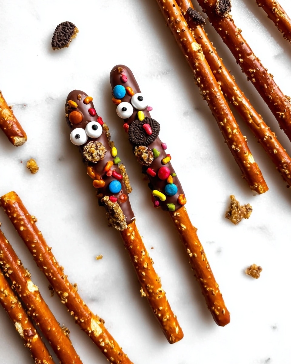 The image shows several thin pretzel sticks on a white marbled surface. Two pretzel sticks in the middle are coated halfway with smooth, dark chocolate and decorated with colorful small candy pieces and cookie crumbs, along with two small white candy eyes on each. The other pretzel sticks on the sides remain plain, showing their shiny, brown, sesame-covered texture. Scattered crumbs and small candy bits are around the pretzels, adding to the casual, playful look. Photo taken with an iphone --ar 4:5 --v 7