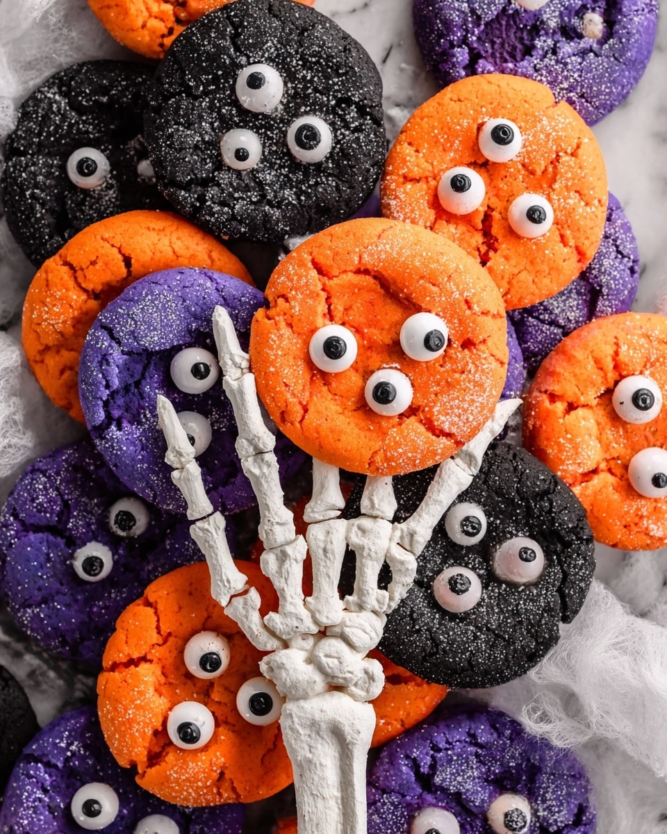 The image shows a pile of colorful round cookies in three colors: bright orange, deep purple, and black. Each cookie has several small and large candy eyes scattered on its surface, giving them a spooky, fun look. A white skeleton hand holds one bright orange cookie with five candy eyes in the center of the image. The cookies have a soft, crackled texture with hints of white powdered sugar. The cookies are placed on a white marbled surface with some white cheesecloth fabric underneath, adding texture behind the cookies. Photo taken with an iphone --ar 4:5 --v 7