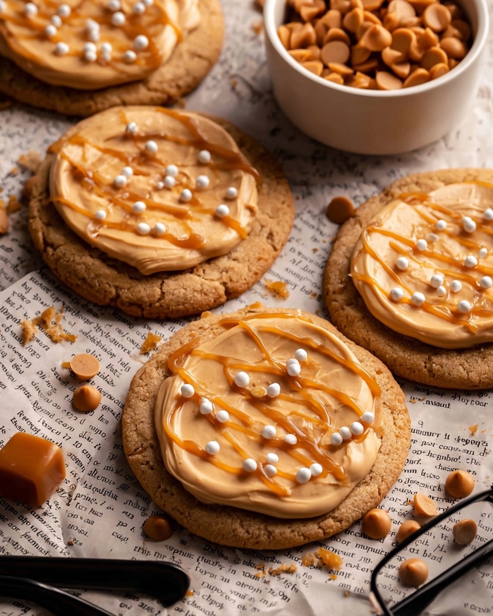 The image shows four round cookies placed on a surface covered with printed paper featuring text. Each cookie has three layers: a light brown cookie base with a slightly cracked texture, a thick layer of creamy light caramel-colored frosting spread smoothly in a circular shape, and a drizzle of glossy darker caramel sauce on top with small white and gold round sprinkles scattered across. To the right of the cookies, there is a small white bowl filled with caramel-colored chocolate chips, and two black eyeglasses rest on the paper near the bowl. A few caramel chips are scattered around the cookies on the paper. The overall setting is warm and cozy with natural light. photo taken with an iphone --ar 4:5 --v 7