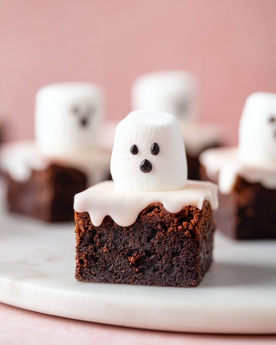 The image shows a small square piece of dark brown brownie with a moist and slightly crumbly texture as the bottom layer. On top of the brownie, there is a layer of smooth white icing that drips slightly over the edges. Sitting on this icing is a white marshmallow decorated with three small black dots forming a simple ghost face, giving it a cute and spooky look. The brownie sits on a white marble flat surface with a soft pink background, and other similar brownies can be seen blurred in the background. photo taken with an iphone --ar 4:5 --v 7