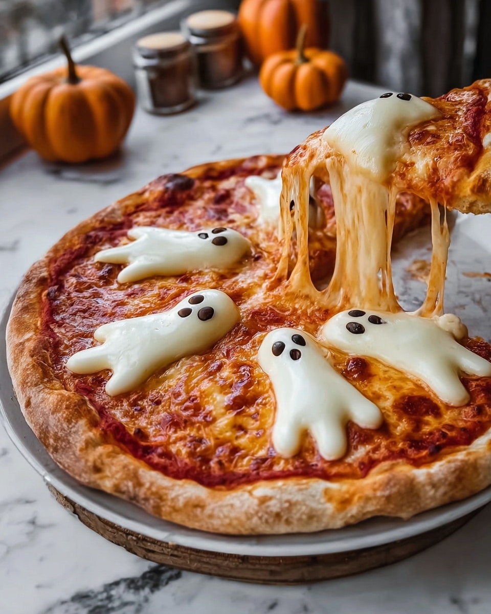 A round pizza with a thick golden crust on a white plate, placed on a wooden board over a white marbled surface, topped with melted golden cheese and red tomato sauce beneath. There are nine white ghost-shaped cheese figures spaced evenly on the pizza, each with black olive pieces for eyes and mouths, giving them playful facial expressions. The background shows small orange pumpkins and some containers near a window, adding a cozy, autumn feel. The photo taken with an iphone --ar 4:5 --v 7