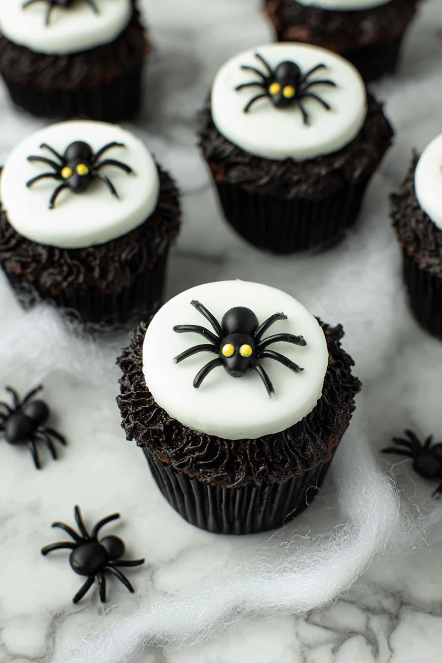 Creepy Halloween Spider Cupcakes, Halloween spooky cupcakes, Halloween chocolate cupcakes, Halloween fondant spider decorations, Halloween party treats - The image shows several dark chocolate cupcakes with rough, swirled black frosting on top, each topped with a smooth, white round fondant disk. On each white disk sits a small, black spider decoration with eight legs and two small yellow eyes. The cupcakes sit on a white marbled surface covered partly with thin white threads that look like fake spider webs. Some small black plastic spiders lay on the surface around the cupcakes. photo taken with an iphone --ar 2:3 --v 7