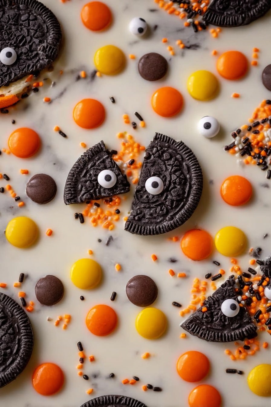 Spooky Halloween Oreo Bark, Halloween dessert ideas, easy Halloween treats, no-bake Halloween candies, festive Halloween rocky road - This image shows a close-up of a sweet treat with a white chocolate base. On the top layer, there are broken pieces of black sandwich cookies with bright orange cream inside, scattered evenly. Small round candies in orange, yellow, and brown colors are spread around the cookies. Also, there are small white candy eyes with black dots, placed randomly. Tiny round orange and black sprinkles fill the small spaces between the bigger items, adding more color and texture. The whole scene is on a white marbled surface. photo taken with an iphone --ar 2:3 --v 7