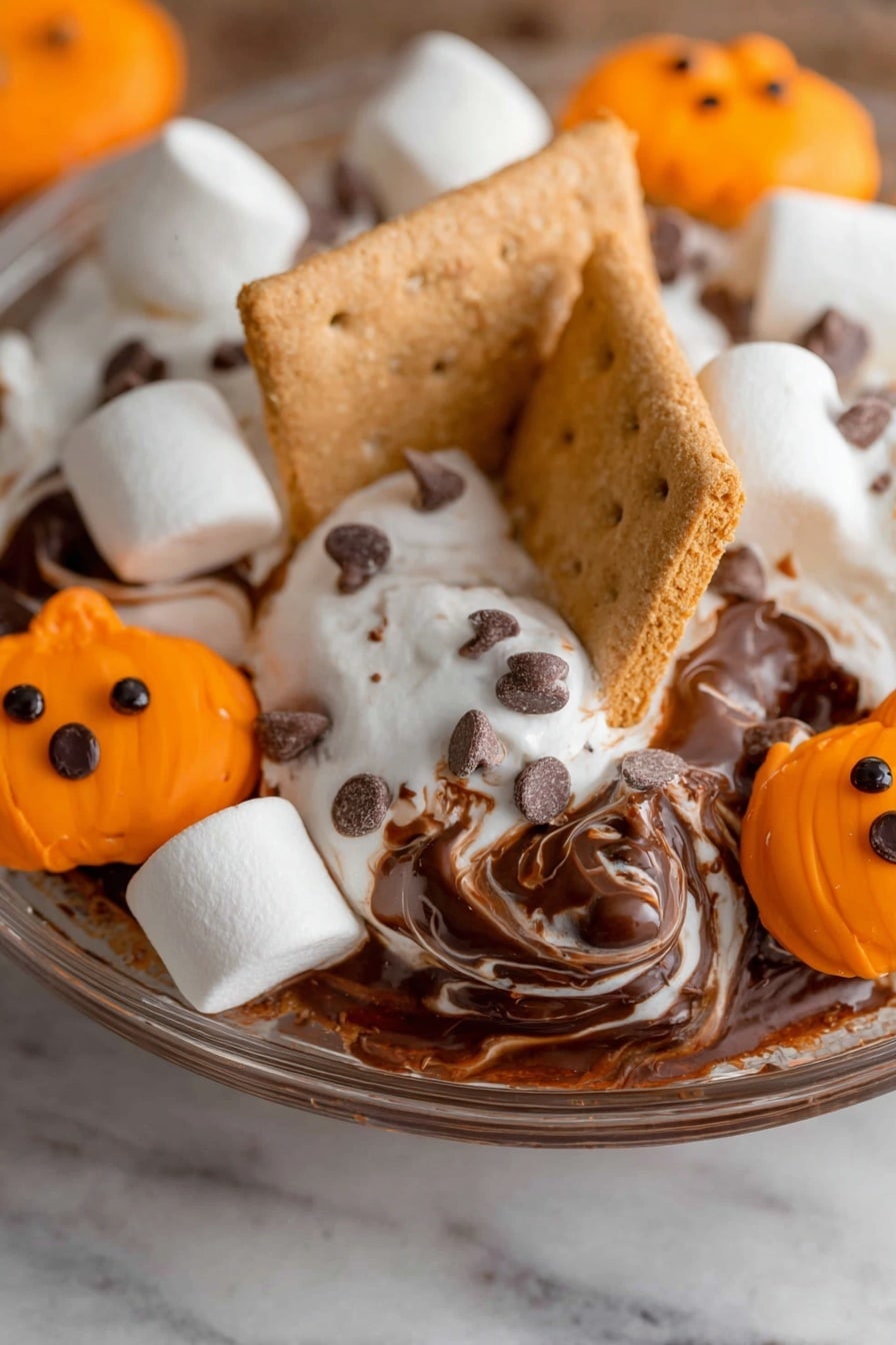 Halloween S'mores Dip with Peeps Marshmallows, Halloween dessert ideas, spooky holiday treats, easy Halloween party dessert, no-bake Halloween sweets - This image shows a close-up of melted marshmallows and chocolate on a clear glass plate, set on a white marbled surface. The marshmallows are white and puffy with small chocolate chips on top, and they are melted into gooey white and dark brown swirls of chocolate. There are two pieces of light brown graham crackers standing upright in the melted mix. Bright orange pumpkin-shaped cookies with smooth icing and small chocolate chips as eyes are placed on and around the marshmallows. The mixture looks soft and sticky with different textures from smooth melted chocolate to the rough surface of the graham crackers. Photo taken with an iphone --ar 2:3 --v 7