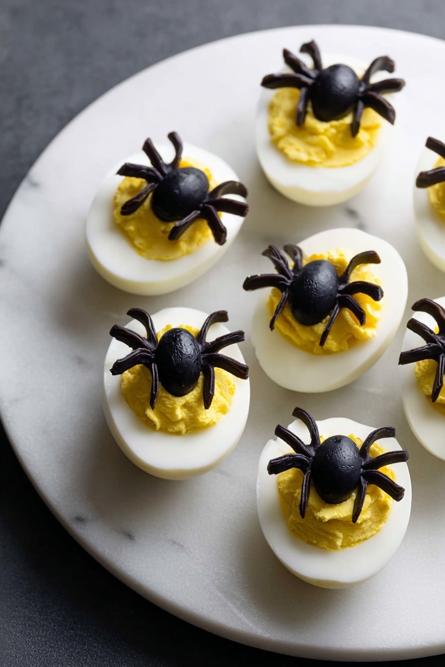 Halloween Themed Deviled Eggs, spooky Halloween appetizer, spooky Halloween party snacks, Halloween egg decorations, festive Halloween recipes - Five halved boiled eggs are arranged on a round white plate placed on a white marbled surface. Each egg has a smooth white outer layer and is filled with yellow mashed yolk. On top of each yolk filling, there is a small black olive cut in half to form a spider body, with thin olive slices arranged around it as spider legs, creating a spider decoration on each egg. Photo taken with an iphone --ar 2:3 --v 7