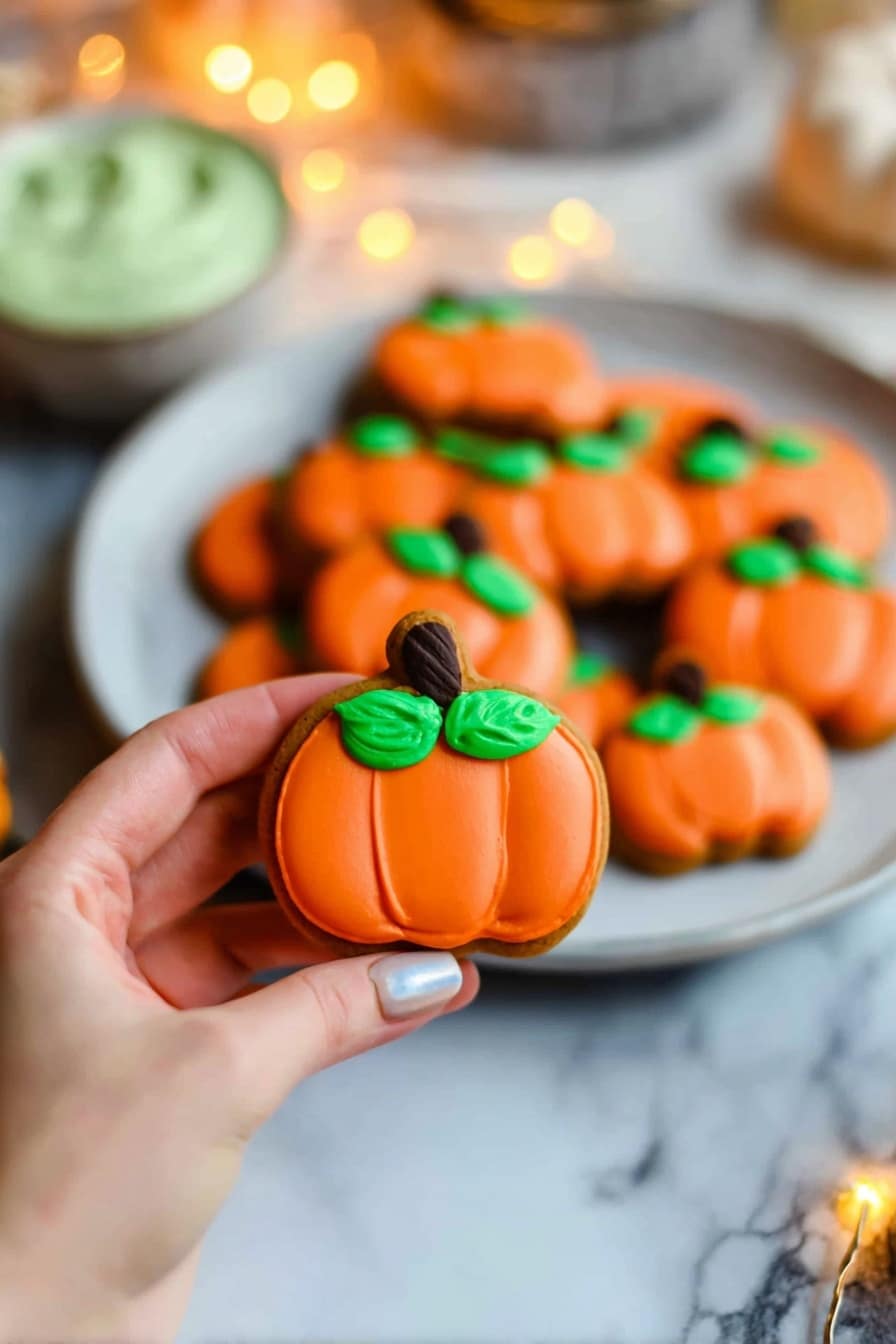 Halloween Pumpkin Cookies, festive Halloween treats, easy pumpkin cookie recipe, fall baking ideas, Halloween dessert recipes - A woman's hand holds a small pumpkin-shaped cookie with orange frosting covering the whole cookie, two bright green oval leaves on top, and a small brown stem shaped frosting at the center. Below the hand, there is a white round plate filled with similar pumpkin cookies, each decorated the same way with orange frosting, green leaves, and brown stems. The cookies are arranged on a white marbled surface with a blurred white bowl of green frosting visible in the background. There are warm yellow lights softly glowing around the scene, adding a cozy feel. Photo taken with an iphone --ar 2:3 --v 7