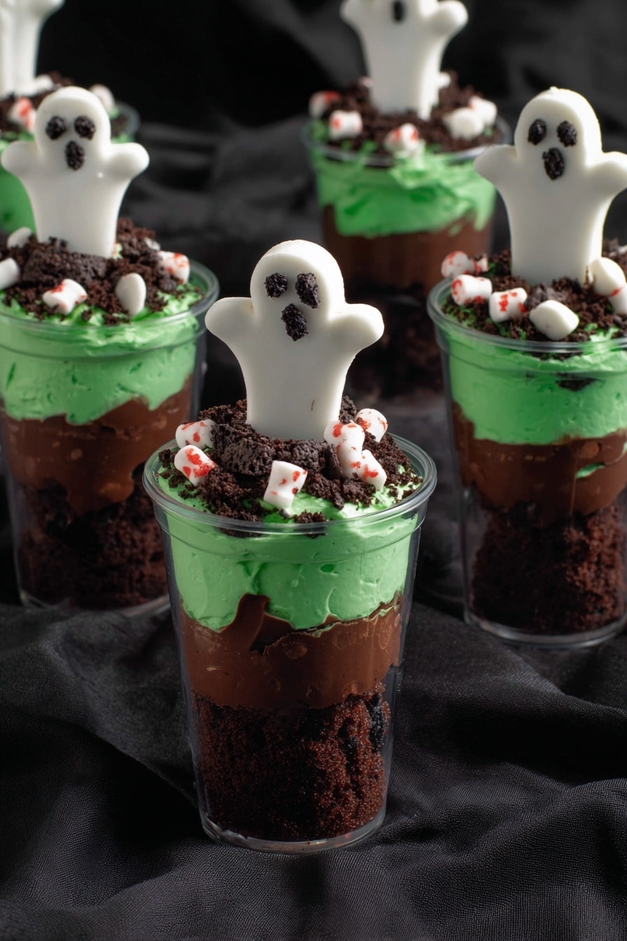 Boo Halloween Dessert Cups, Halloween dessert idea, spooky Halloween treat, easy Halloween party dessert, ghost pudding cups - This image shows six clear cups filled with a Halloween-themed dessert, placed on a black cloth. Each cup has three visible layers: the bottom layer is dark brown, crumbly, and looks like crushed cake or dirt; the middle layer is smooth and thick dark brown pudding; the top layer is bright green whipped cream or frosting. On top of the green layer, there are small bone-shaped white candies with red specks scattered, along with dark crumbly bits. Standing upright in each cup is a white ghost-shaped cookie with black eyes and mouth, giving a spooky look. Photo taken with an iphone --ar 2:3 --v 7