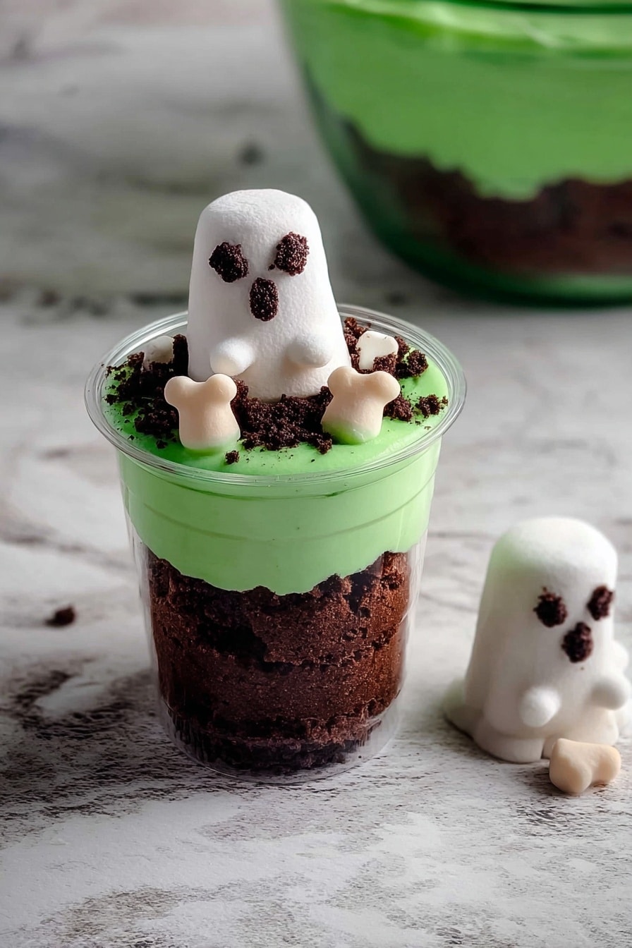 Boo Halloween Dessert Cups, Halloween dessert idea, spooky Halloween treat, easy Halloween party dessert, ghost pudding cups - A clear cup shows three layers: the bottom two layers are dark brown cake pieces, and the top layer is a smooth, bright green frosting. On top of the green frosting sits a small white ghost-shaped marshmallow with black eyes and mouth, surrounded by small dark brown crumbs and tiny beige bone-shaped candies. Another white ghost marshmallow lies on the white marbled surface next to the cup, with a green mixing bowl partially visible behind. Photo taken with an iphone --ar 2:3 --v 7