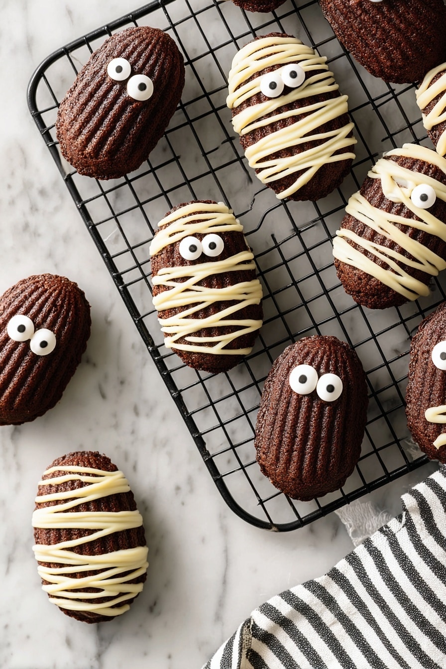 Chocolate Madeleine Mummies, Halloween treats, spooky chocolate desserts, madeleine dessert ideas, easy Halloween baking - The image shows several small, dark brown oval cakes placed on a white marbled surface. Most of the cakes are decorated like mummies with a crisscross pattern of light cream-colored icing draped over them in thin, ribbon-like lines. Each decorated cake has two small, round white candy eyes with black dots in the center, placed near the top. One plain cake without decoration is visible, showing a ridged texture on top. There is a cooling rack partially in the top left corner with a few cakes on it, and a small sprinkle of cocoa powder is scattered near the cakes. Photo taken with an iphone --ar 2:3 --v 7