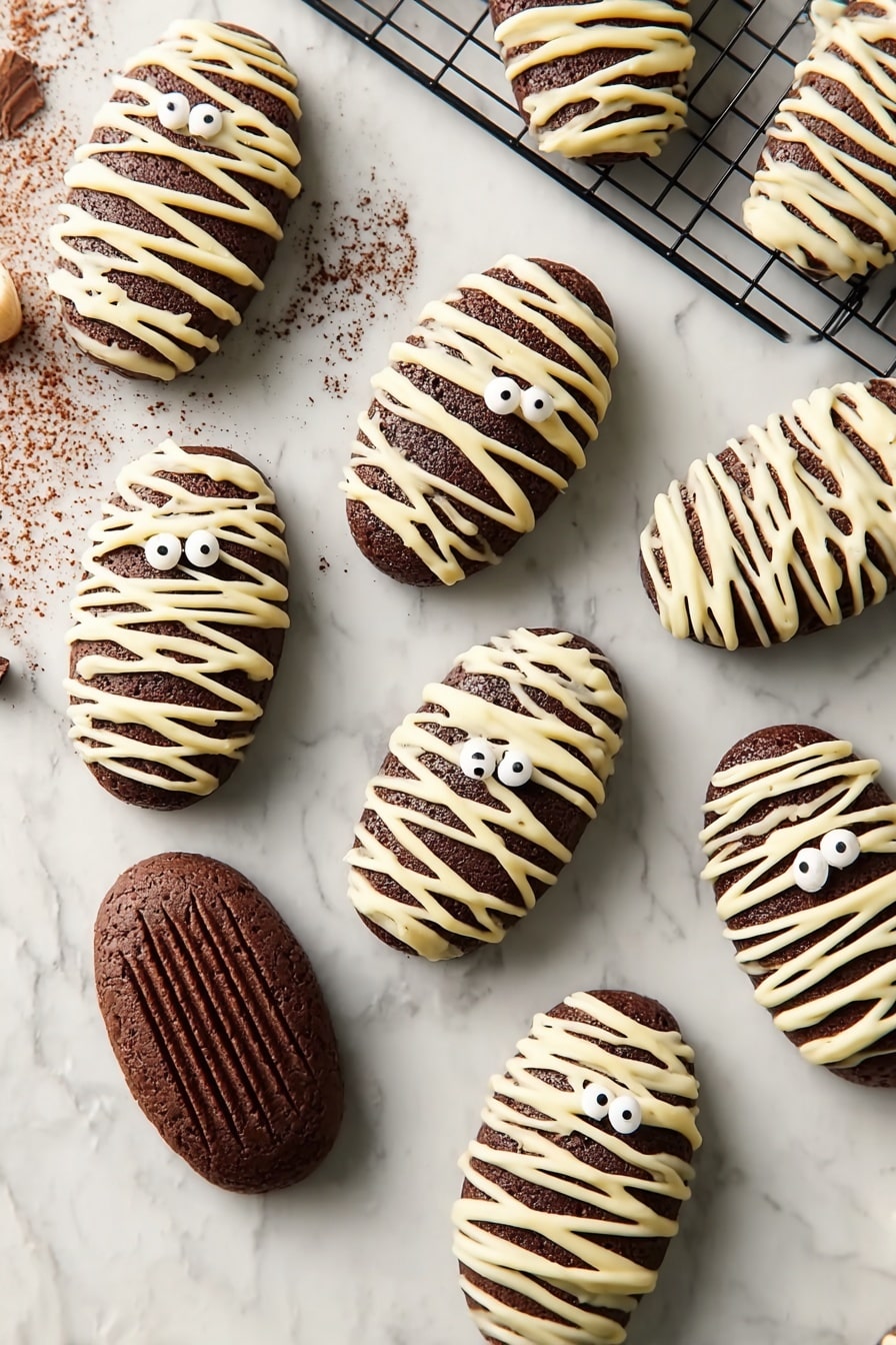 Chocolate Madeleine Mummies, Halloween treats, spooky chocolate desserts, madeleine dessert ideas, easy Halloween baking - The image shows several small, dark brown madeleine cakes shaped like shells arranged on a black wire cooling rack and a white marbled surface. Some of the madeleines are decorated to look like mummies, with white icing drizzled in crisscross lines over the top layer, creating a bandage effect. Each mummy madeleine also has two small, round white candy eyes placed near the top center. The plain madeleines are smooth with ridges on the surface and are a rich chocolate color. A striped black and white cloth is partially visible in the bottom right corner. photo taken with an iphone --ar 2:3 --v 7