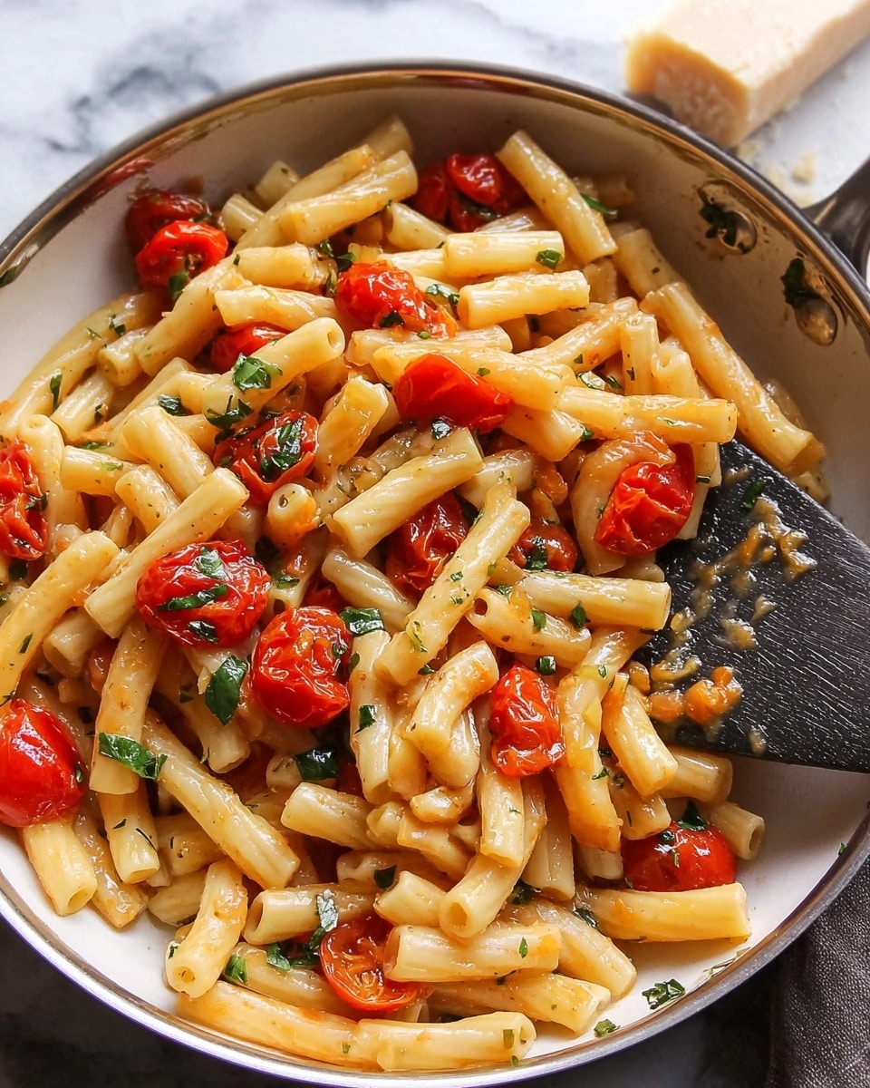 The image shows a white bowl filled with short tube-shaped pasta coated in a red tomato sauce with visible green basil leaves mixed throughout. The pasta and sauce layer fills the bowl evenly and looks fresh with a slight shine. In the bowl, there is a silver fork resting on the right side, partially inside the pasta. The bowl sits on a dark wooden surface beside a block of pale yellow cheese, bright red cherry tomatoes, green basil leaves, and a whole garlic bulb near the top right corner. The background has a white marbled texture. Photo taken with an iphone --ar 4:5 --v 7