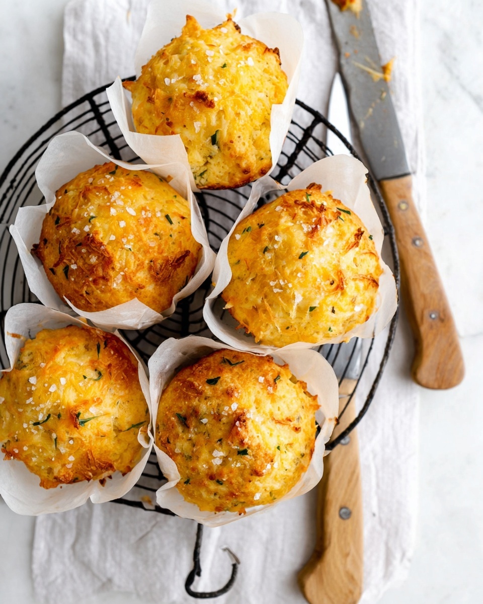 The image shows five golden-brown muffins with a slightly rough texture, placed on parchment paper and a round cooling rack. One muffin is split open in the center, revealing a soft, moist inside with visible small green bits, likely herbs or vegetables, and some yellow pieces, suggesting cheese or corn. The muffins have a light crust with browned spots on top. To the right, there is a knife with a wooden handle lying on a white marbled surface next to a small metal cup filled with coarse salt. Photo taken with an iphone --ar 4:5 --v 7