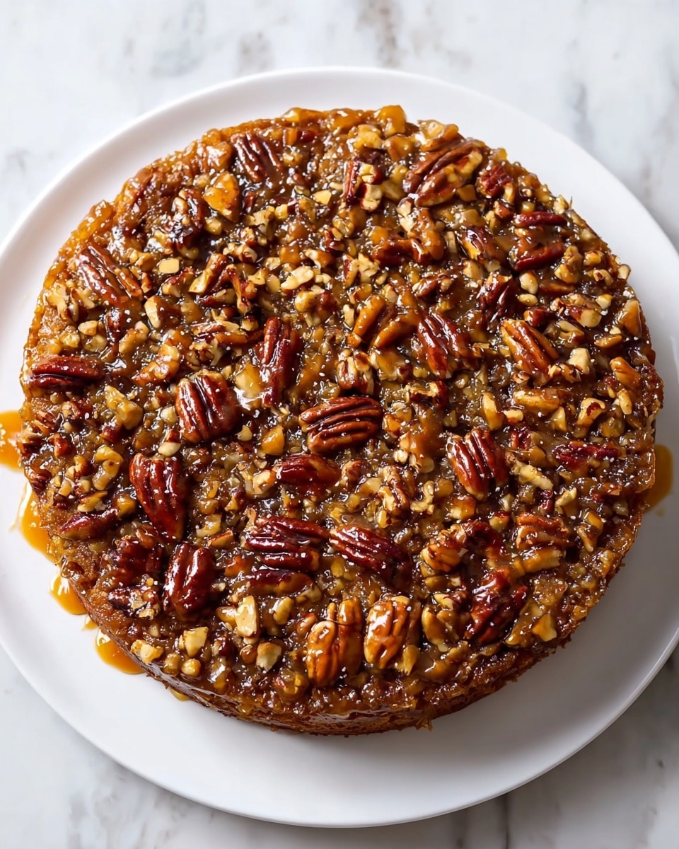 A round sticky pecan cake with one layer, covered entirely on top with glossy, golden brown pecan halves and pieces, showing a rich caramel glaze that makes the nuts shine; the cake sits on a white plate on a white marbled surface. photo taken with an iphone --ar 4:5 --v 7