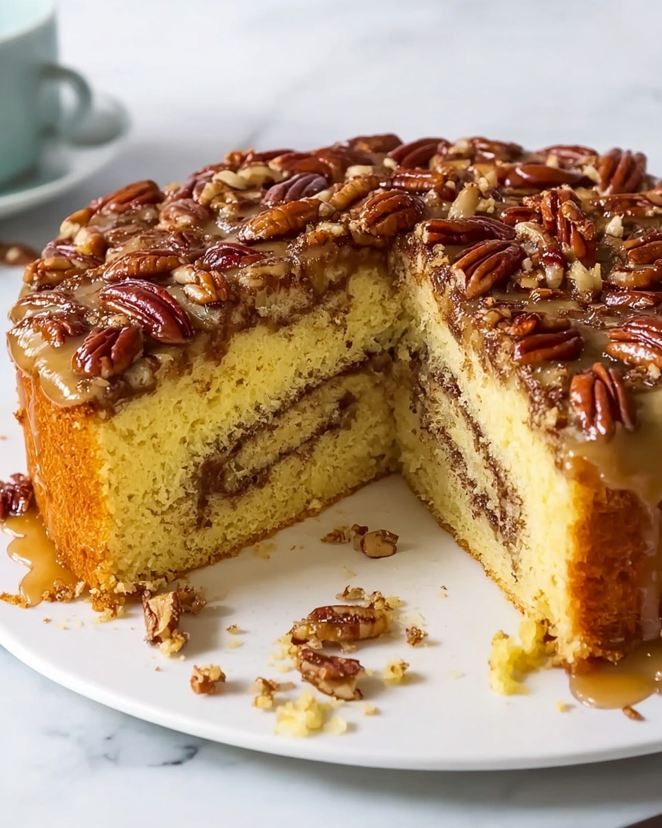 The image shows a round, two-layer cake with a soft yellow color and a visible spiral of brown cinnamon filling inside. The top of the cake is covered with a shiny layer of caramel glaze, topped with many whole and chopped pecans that add texture and a rich brown color. The cake sits on a white plate placed on a white marbled surface, with some crumbs scattered around the cake. A slice has been removed, revealing the soft inside and the swirl of cinnamon filling. Photo taken with an iphone --ar 4:5 --v 7