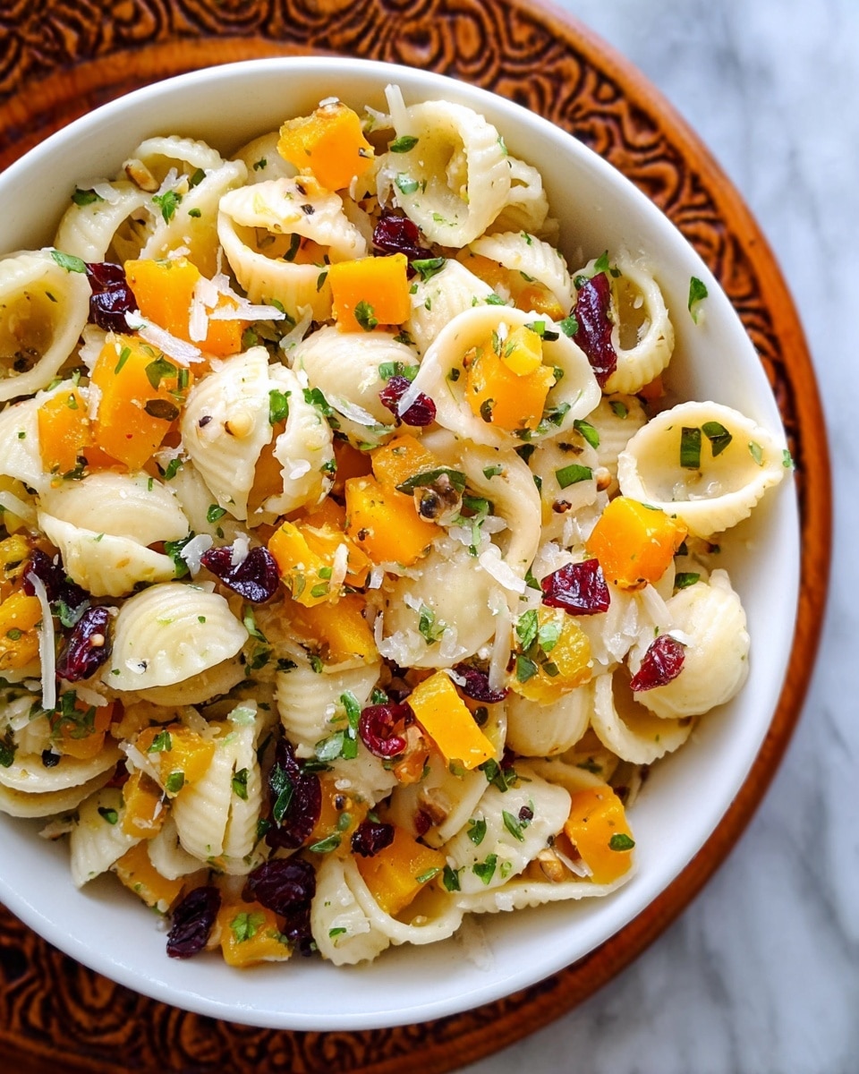 The image shows a bowl of pasta salad with three main layers visible. The bottom layer consists of white orecchiette pasta that fills most of the bowl. On top of this, there are medium-sized cubes of bright orange butternut squash scattered all around, mixed with dark red dried cranberries. The top layer is sprinkled with white grated cheese and small bits of fresh green herbs, mostly parsley. The bowl is white and placed on a round wooden board, with a white marbled surface in the background. photo taken with an iphone --ar 4:5 --v 7