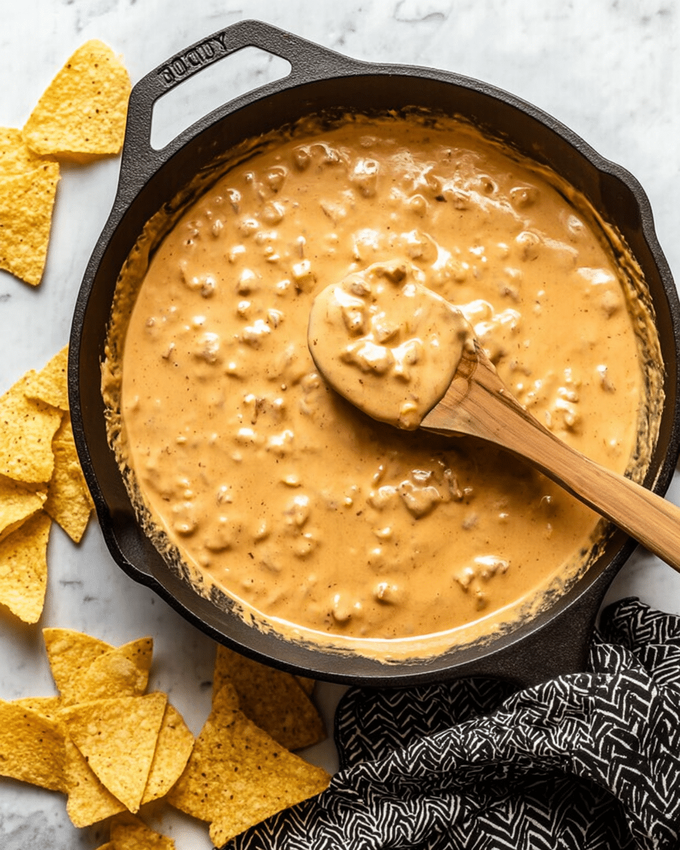 A black cast iron pan filled with one layer of thick, creamy, light brown sauce containing small, soft chunks evenly spread throughout. A wooden spoon is partially dipped into the sauce, lifting some of it, showing its smooth and slightly lumpy texture. The pan is placed on a white marbled surface with scattered light yellow tortilla chips around it, and a black and white zigzag cloth is folded next to the pan. photo taken with an iphone --ar 4:5 --v 7