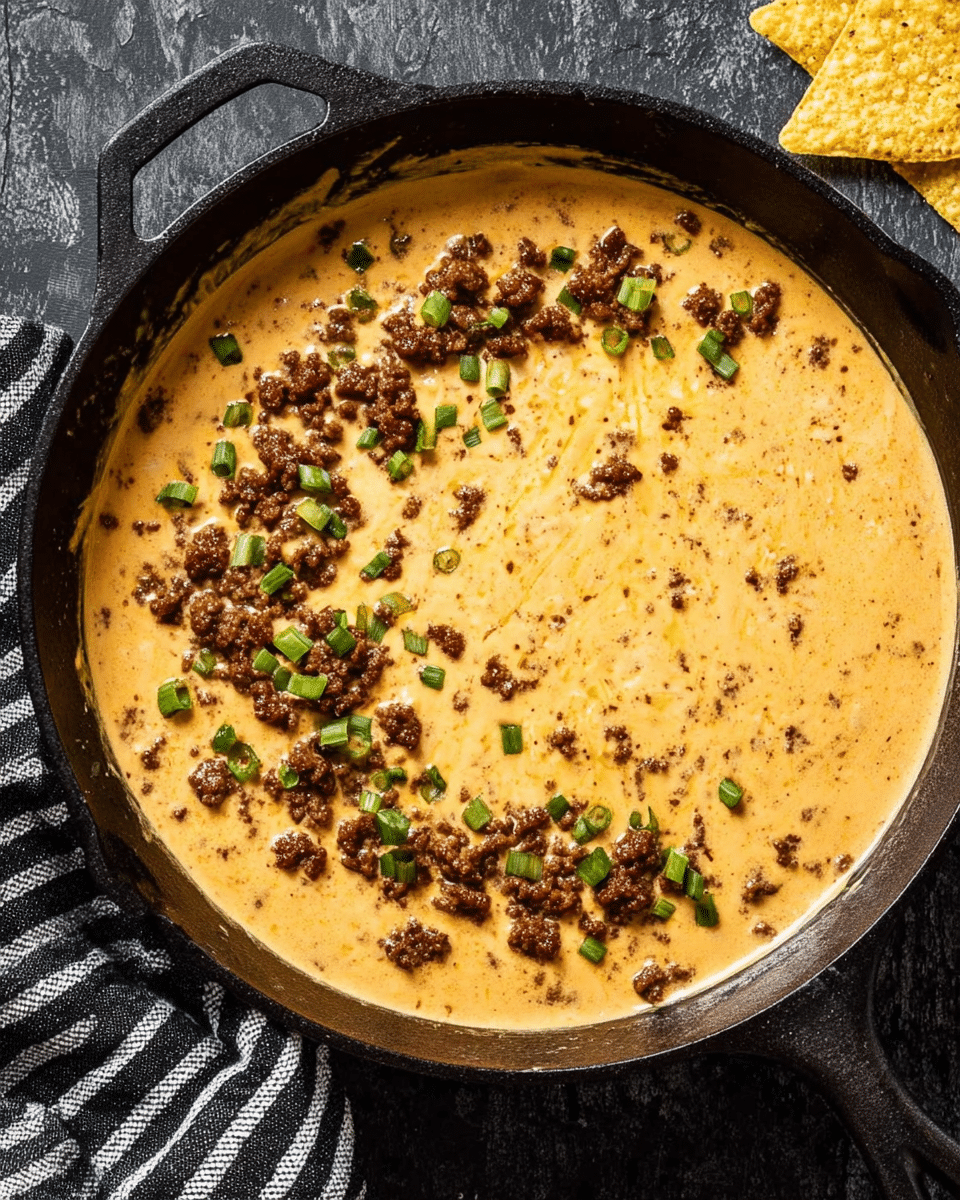 A black cast iron pan filled with a creamy orange cheese sauce with small bits of ground meat mixed in, topped with scattered green chopped scallions and small browned meat pieces mainly gathered on one side, placed on a dark textured surface with a black and white striped cloth partially visible on the left, and three yellow tortilla chips scattered on the top right. Photo taken with an iphone --ar 4:5 --v 7