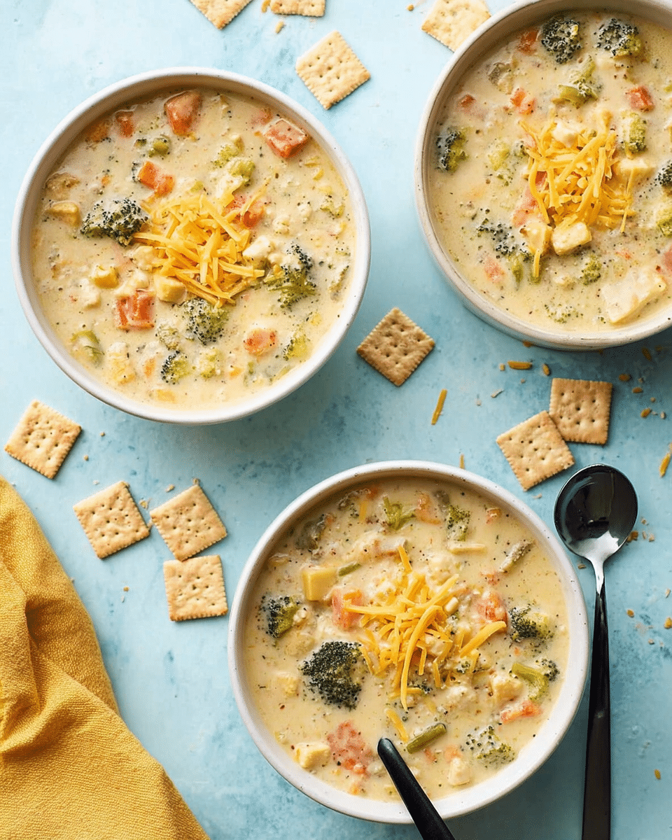Three white bowls filled with thick, creamy soup that has visible pieces of green broccoli, orange carrots, and light-colored onions. Each bowl has light tan, broken saltine crackers on top, some mixed into the soup, and a small pile of shredded yellow cheese in the center. One bowl has a black spoon resting inside near the edge. The bowls sit on a light blue surface with scattered whole and broken saltine crackers nearby and a yellow cloth on the bottom left corner. The photo taken with an iphone --ar 4:5 --v 7
