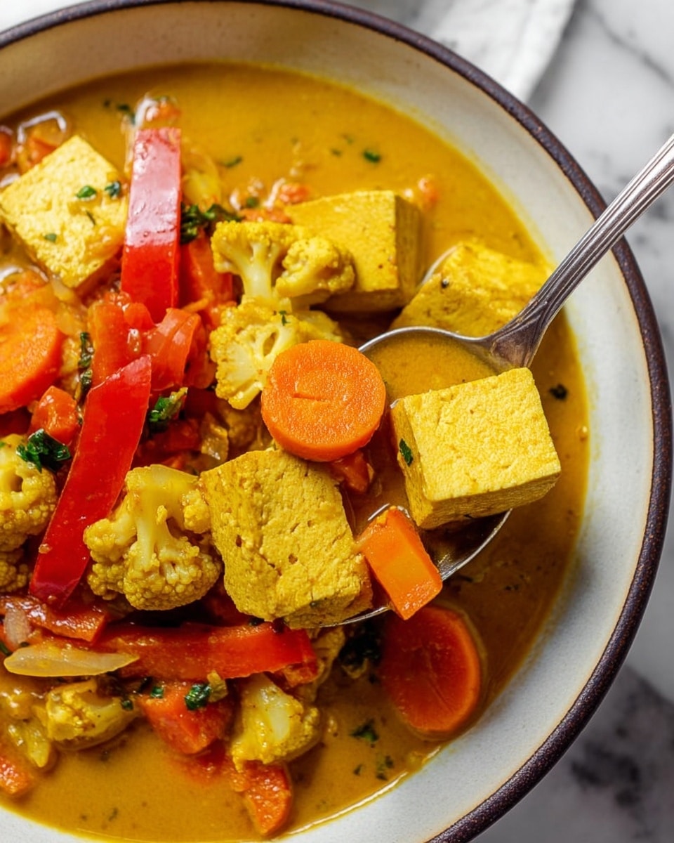 A close-up of a bowl filled with a vibrant yellow curry with visible layers of ingredients including large cubes of tofu, round bright orange carrot slices, red bell pepper strips, and small cauliflower florets, all in a thick golden-yellow sauce. The tofu pieces have a soft texture, slightly crumbly, sitting on top and a spoon is scooping some tofu and vegetables from the bowl. The bowl is white with a thin dark rim, placed on a white marbled surface. Small green herb bits are scattered throughout the curry, adding color contrast. photo taken with an iphone --ar 4:5 --v 7